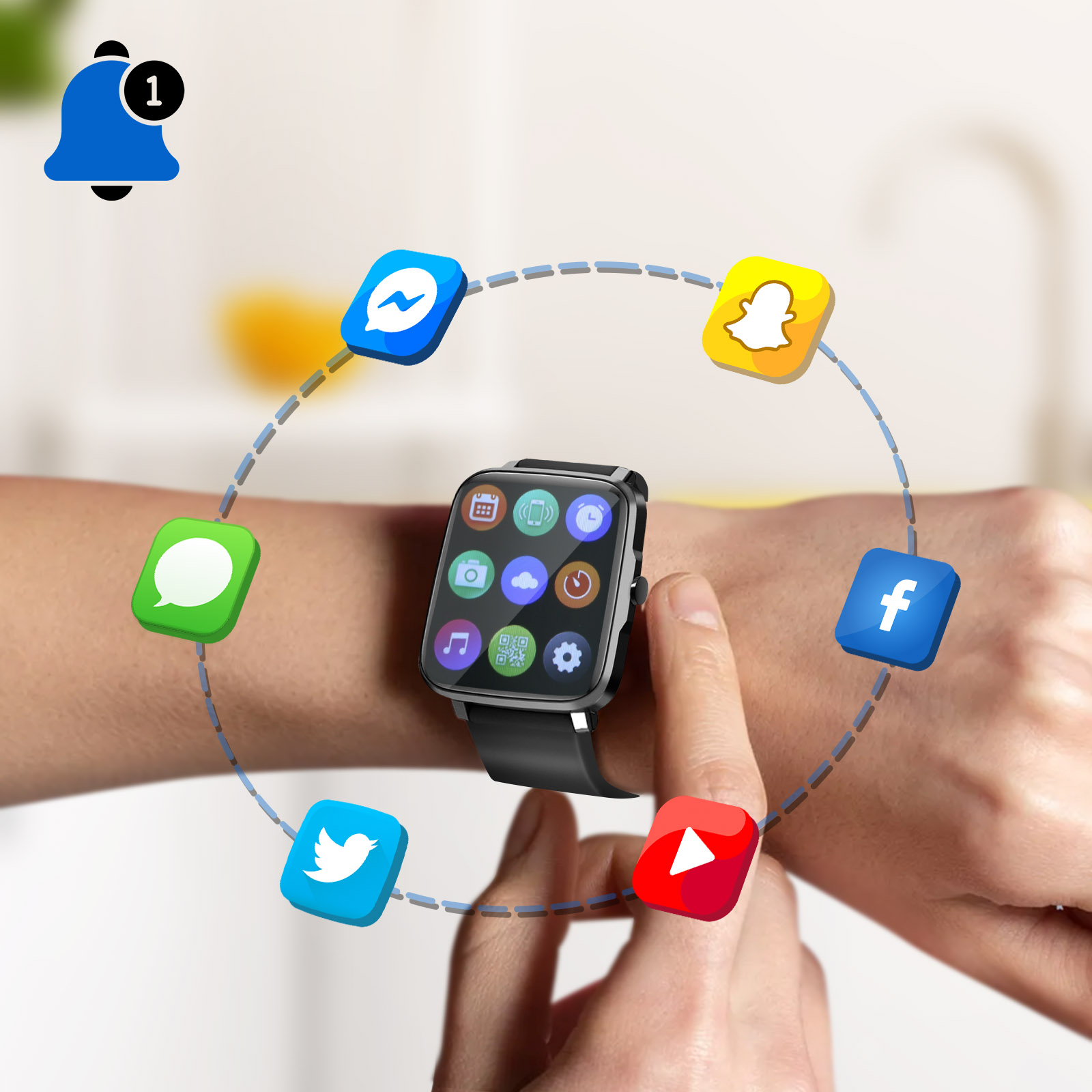 Le poignet d'une personne avec une smartwatch, entouré d'icônes d'applications, une cloche de notification en haut à gauche.
