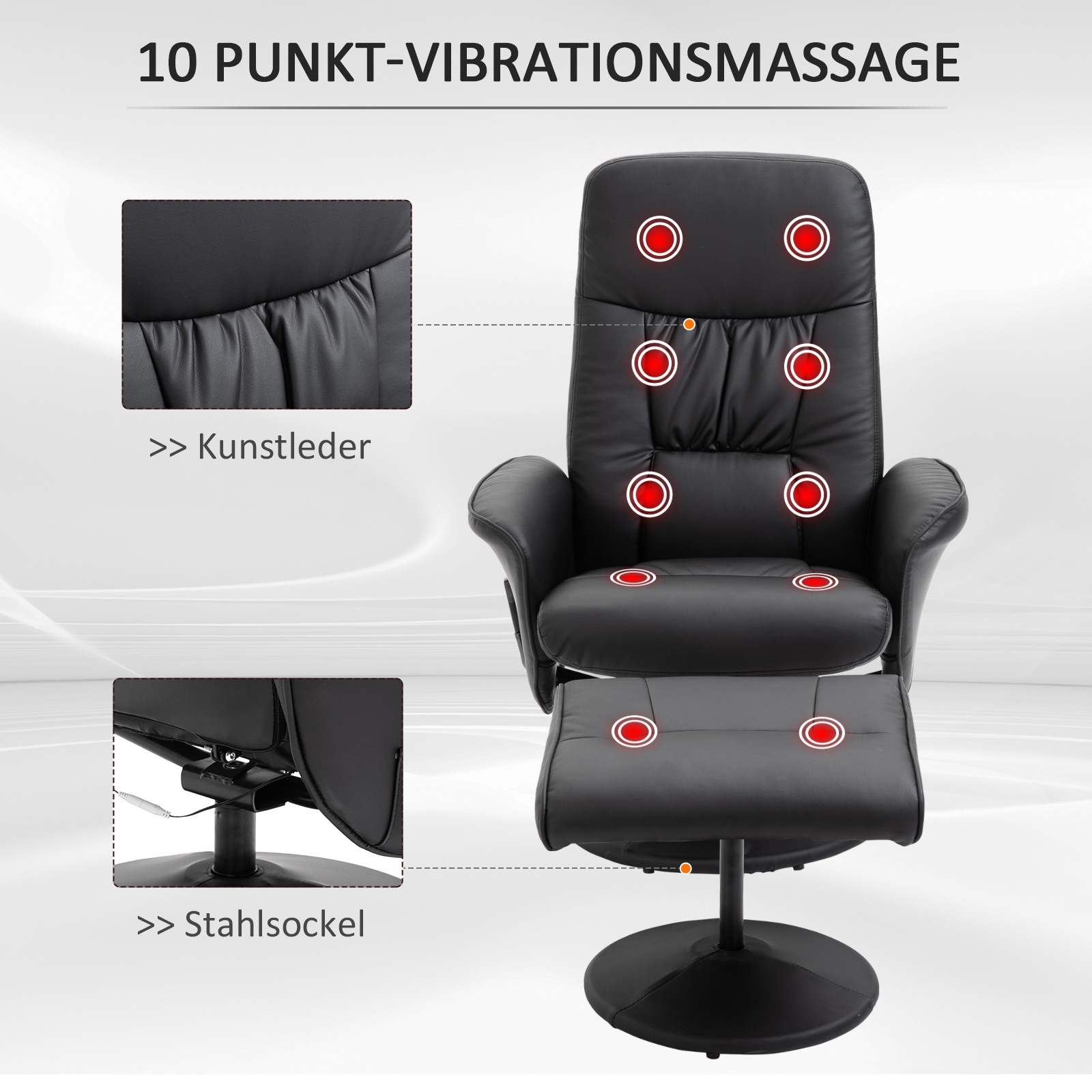 Schwarzer Massagestuhl mit roten Kreisen, die Massagepunkte anzeigen. Text: '10 Punkt-Vibrationsmassage'.