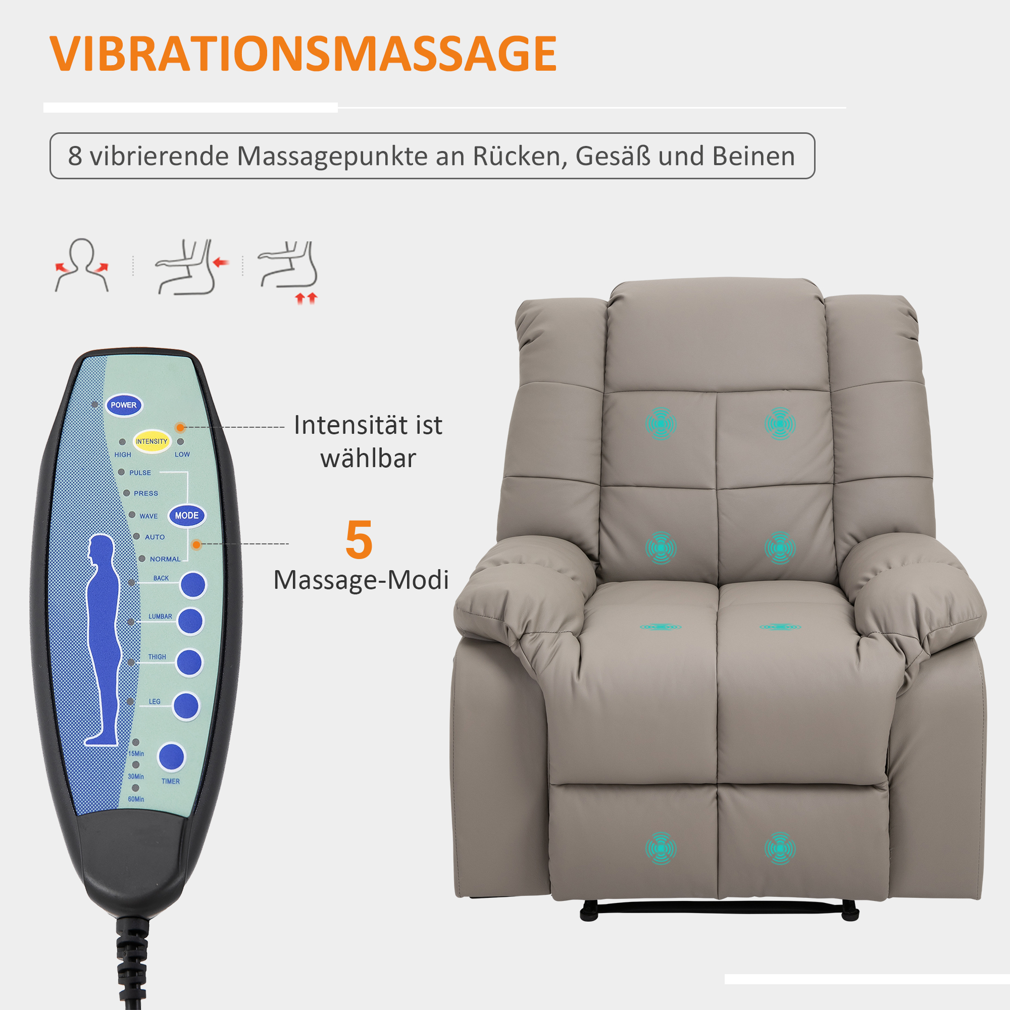 Massage-Sessel mit Steuerung links. Merkmale: Massagepunkte, Intensität, Modi.