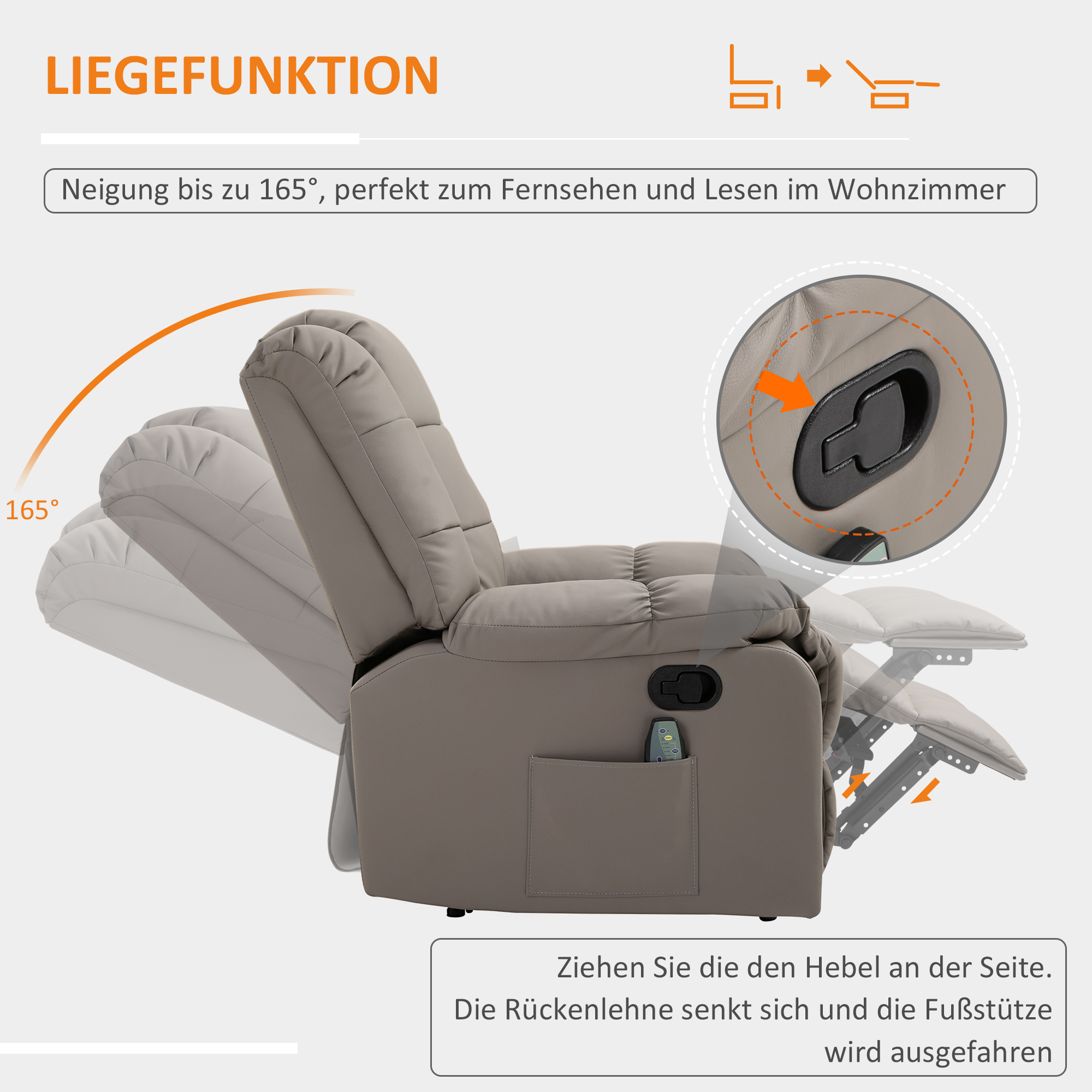 Ein Relaxsessel in Grau, mit geöffneter Fußstütze. Im Hintergrund Text und eine Wand.