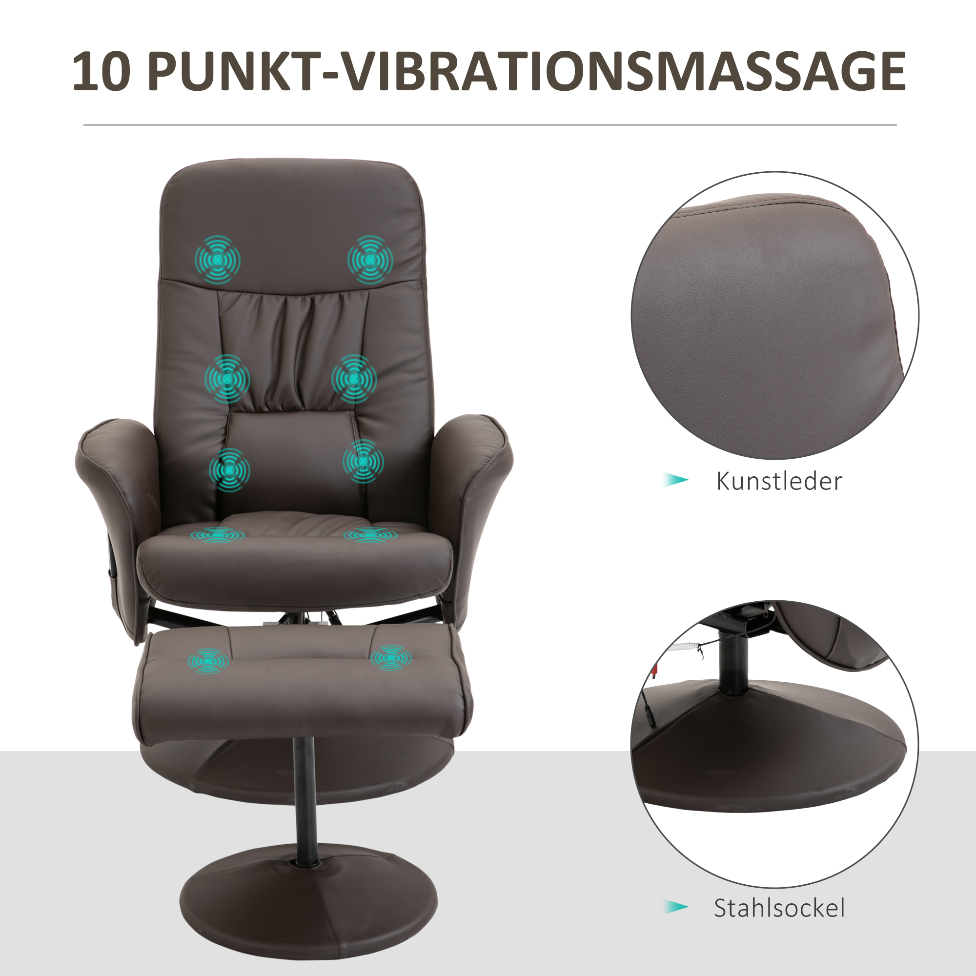 Ein brauner Massagesessel mit Fußstütze. Details sind Kopfstütze und ein kreisförmiger Sockel.