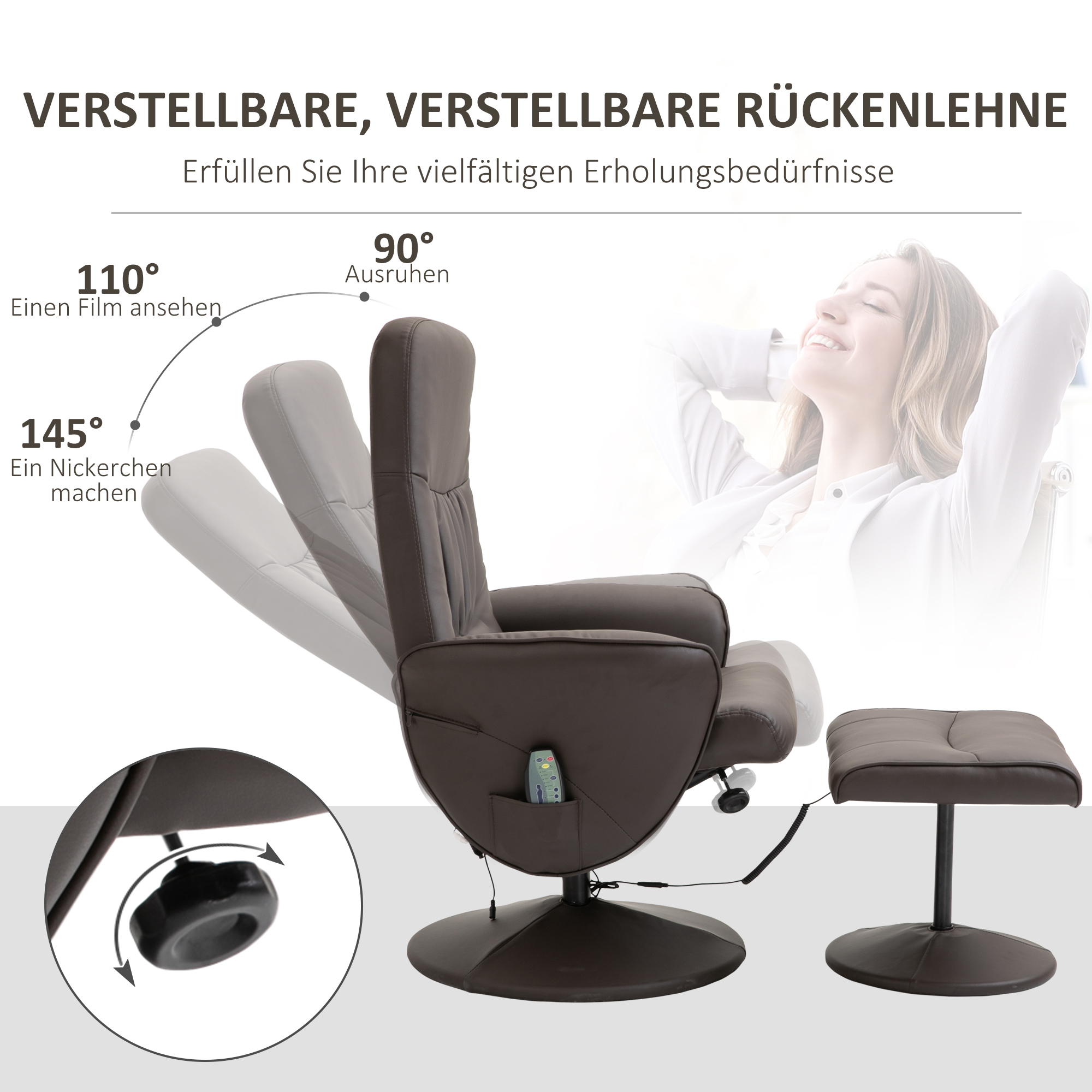 Brauner Relaxsessel mit Fußstütze, verschiedene Winkel. Text zeigt Winkel zum Filmeschauen und Ausruhen.