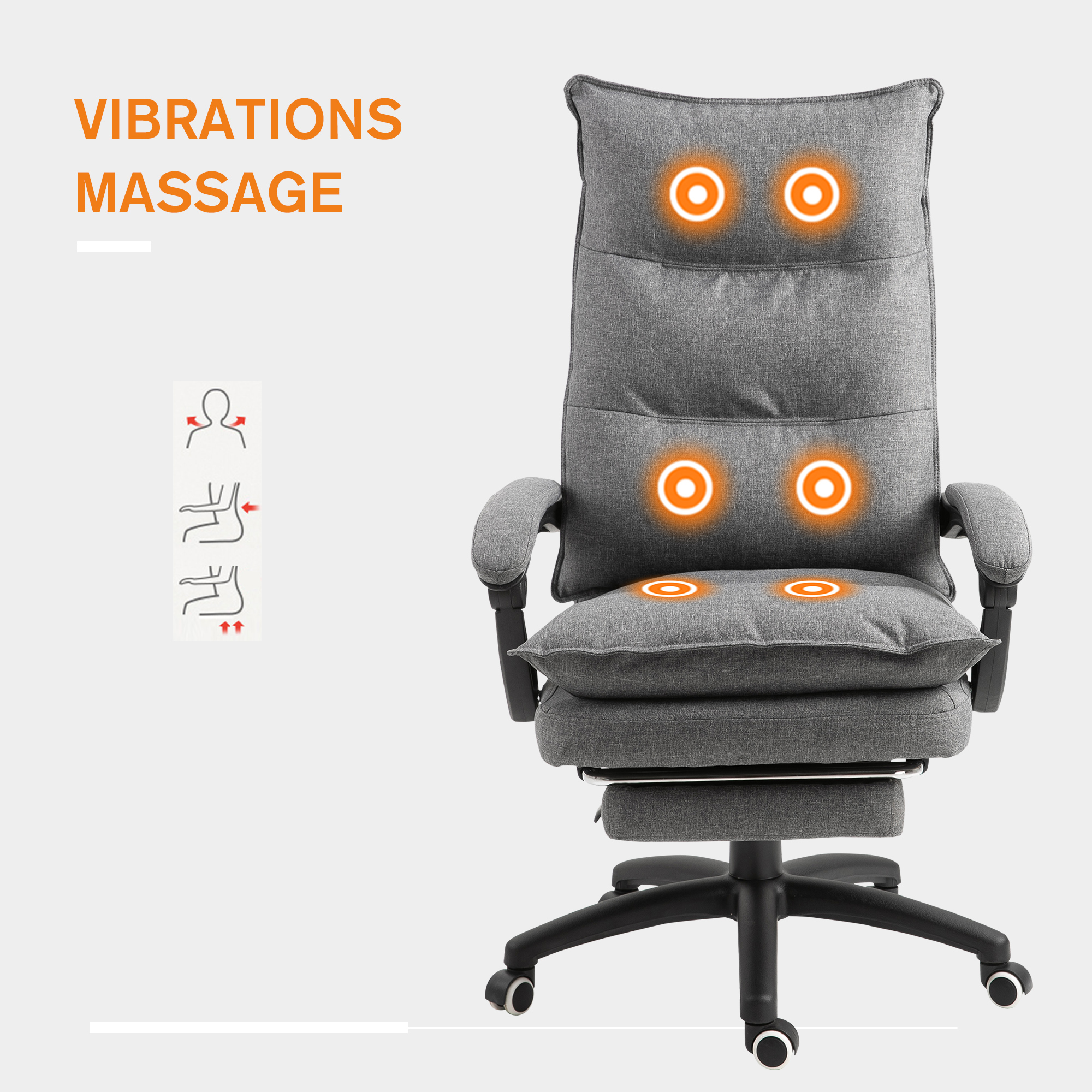 Ein grauer Massagestuhl mit hervorgehobenen Vibrationsmassagepunkten, mit weißem Hintergrund.