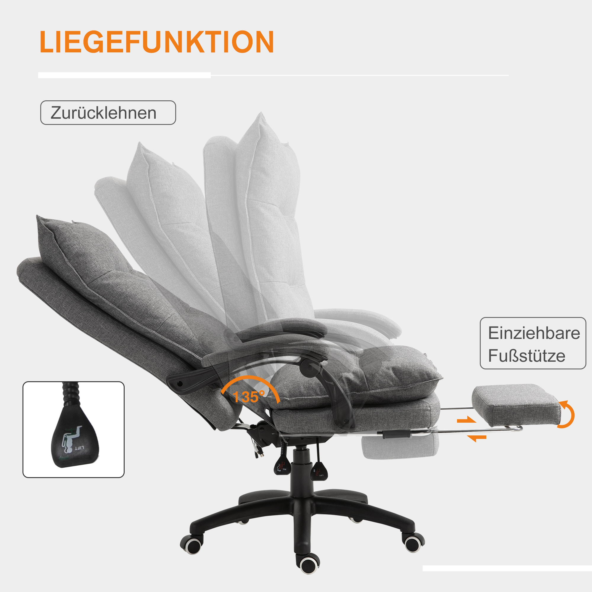 Ein grauer Massagestuhl, der sich zurücklehnt, mit ausgeklappter Fußstütze, auf weißem Hintergrund.