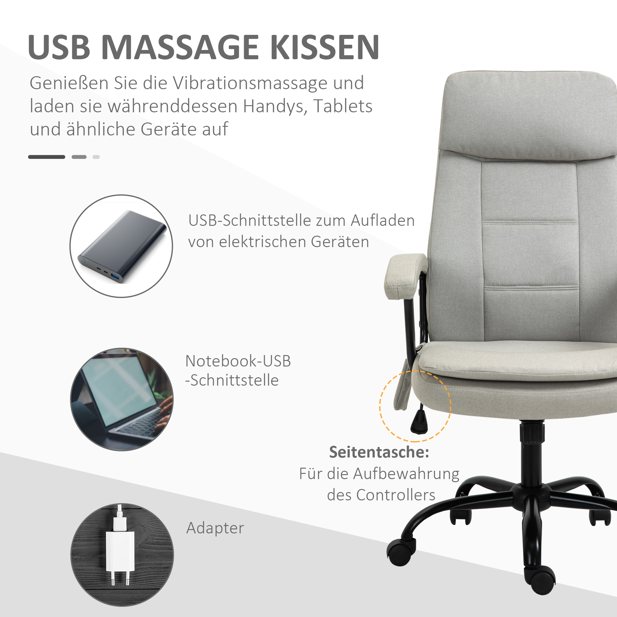Diagramm eines Stuhls mit USB-Anschluss und anderer Elektronik.