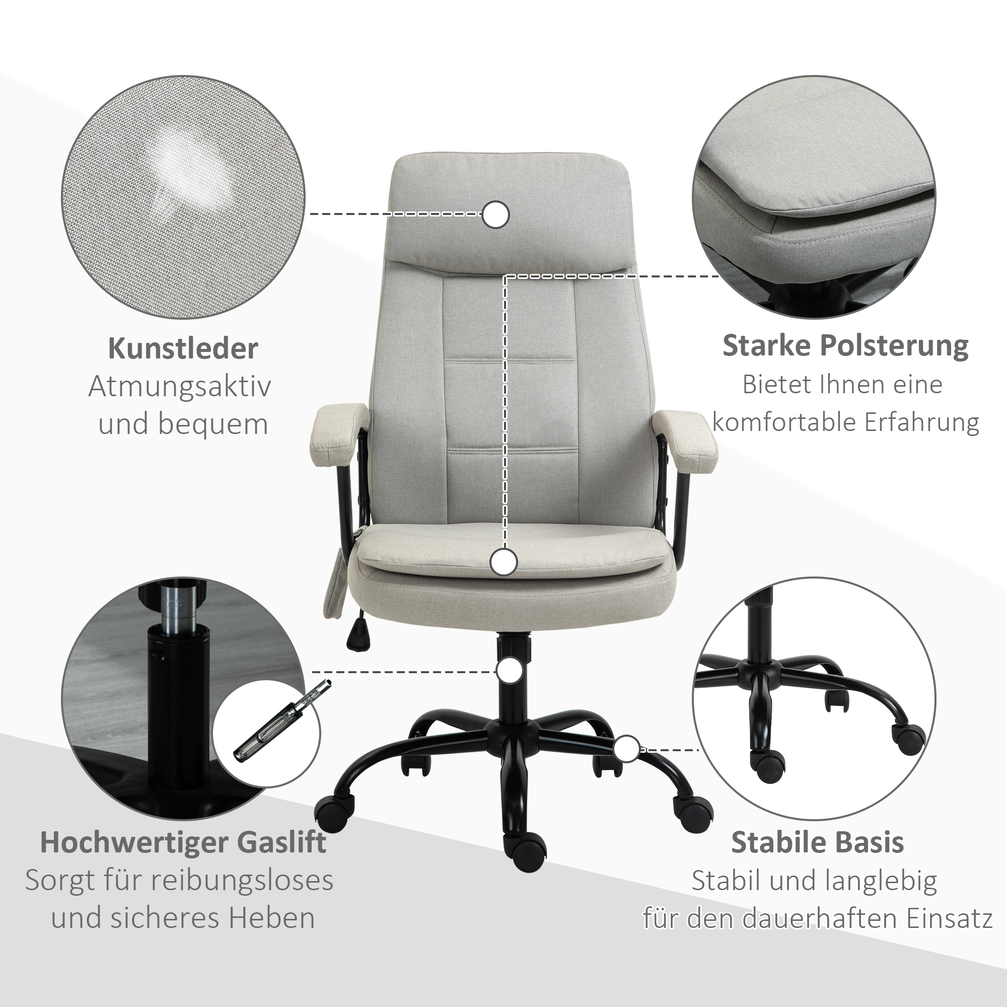 Ein Bürostuhl mit Etiketten, die auf verschiedene Teile zeigen.