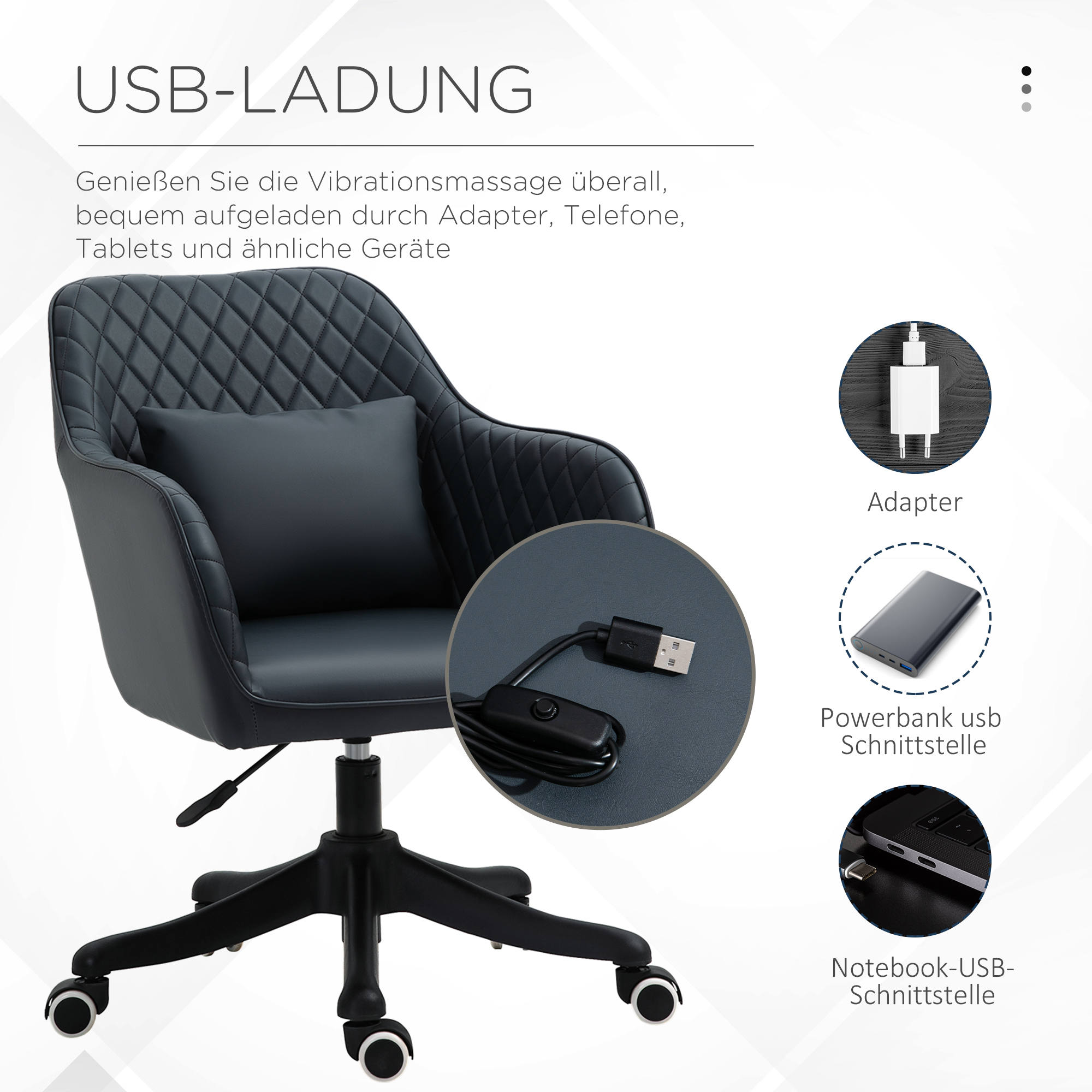 Bürostuhl mit Text über USB-Aufladung. Es gibt auch Bilder von Ladegerät und Kabel.