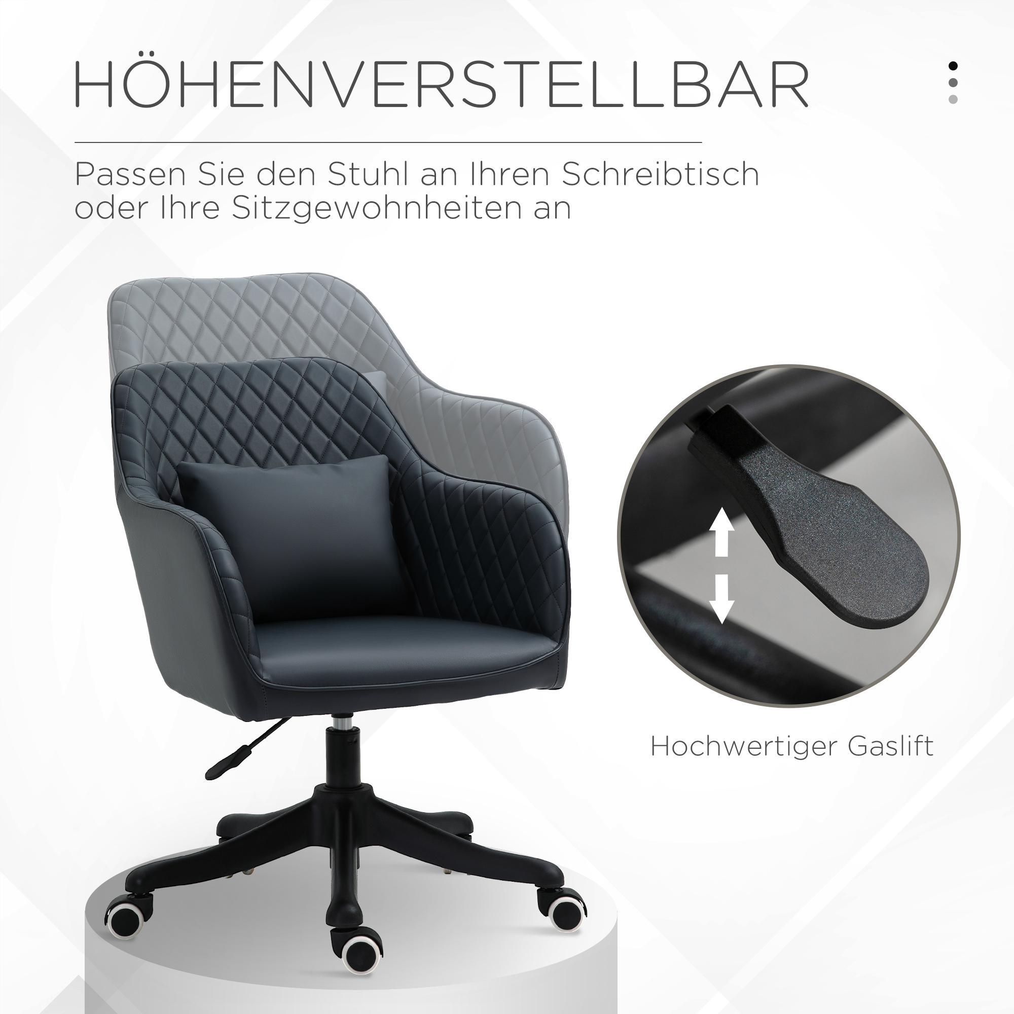 Schwarzer Bürostuhl mit schwarzem Kissen und Höhenverstellhebel. Weißer Hintergrund.