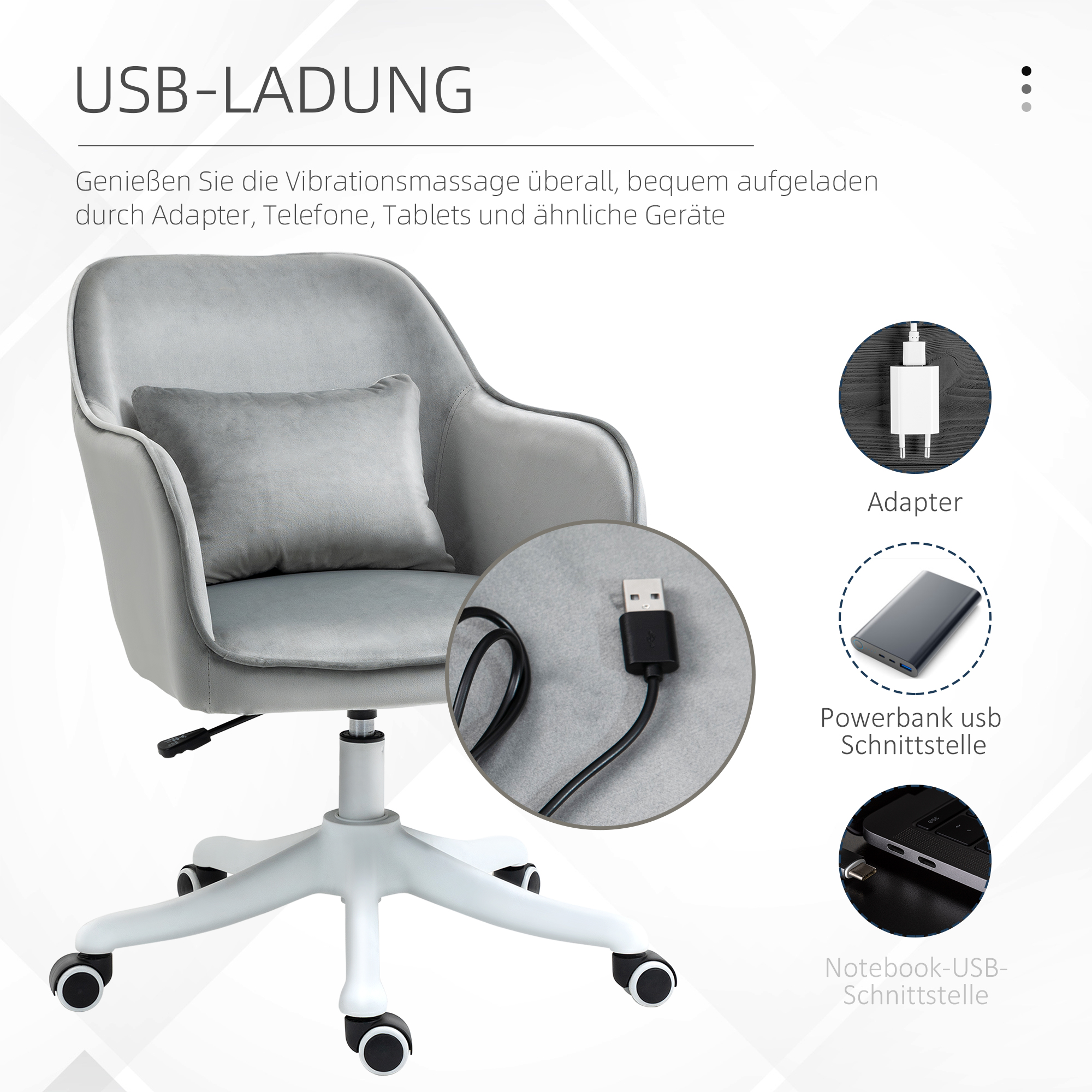 Weißer Bürostuhl mit grauem Kissen und USB-Ladeanschluss.