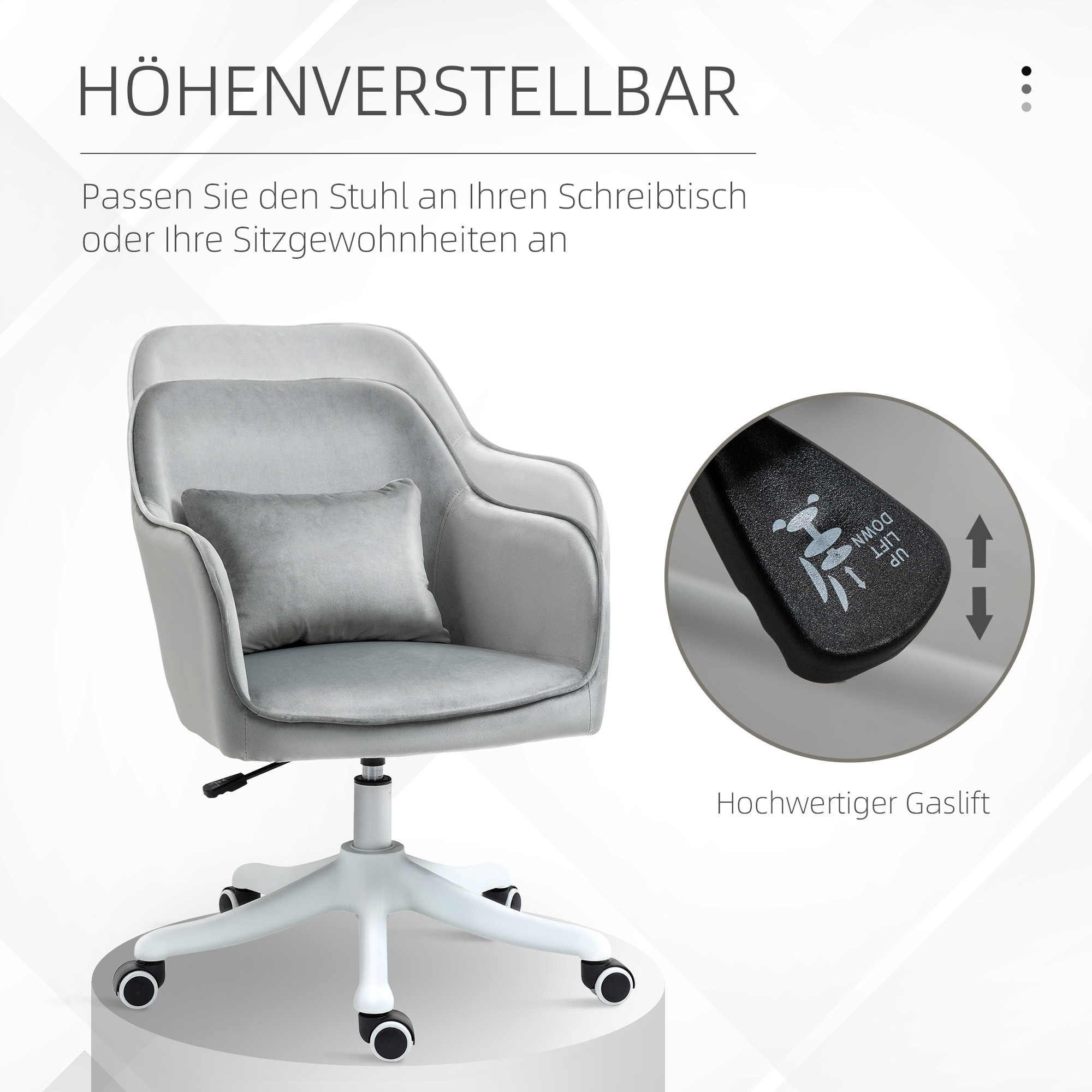 Grauer Bürostuhl mit grauem Kissen und weißem Fuß, mit Verstellmöglichkeiten.