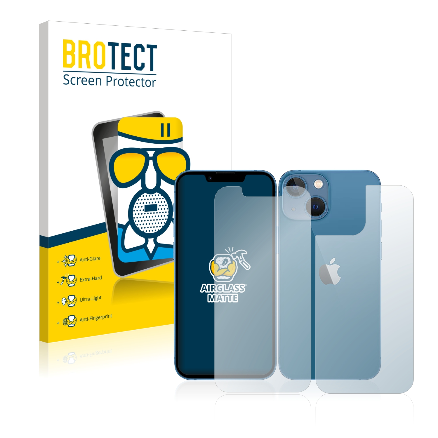 Schutzfolienbox mit einem Telefon und zwei Displayschutzfolien, eine auf dem Telefon. Blaues Telefon.