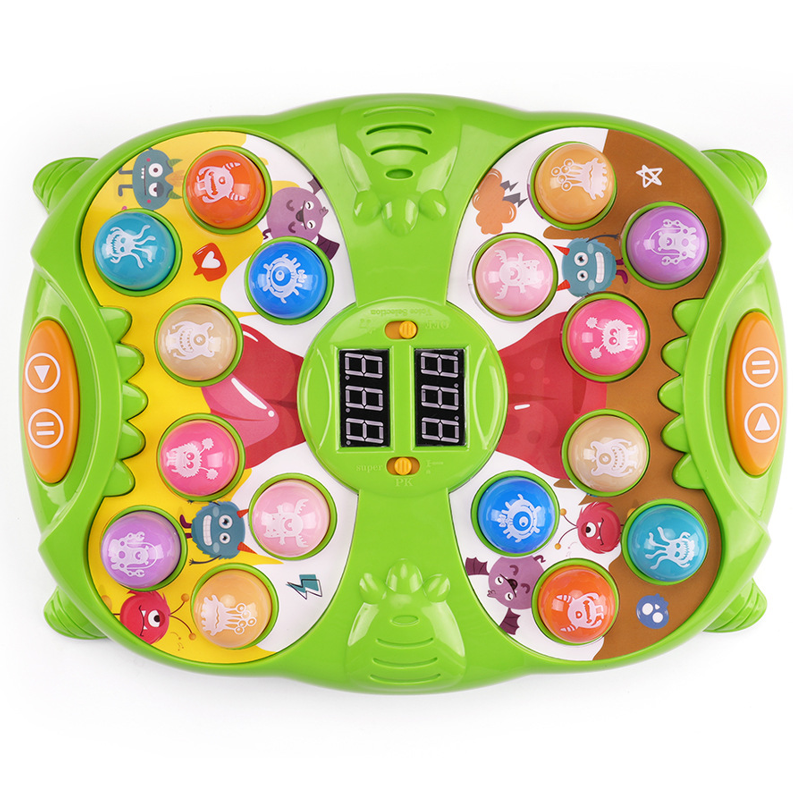 Juego de juguetes verdes con muchos botones de colores y dos pantallas. El fondo es blanco.