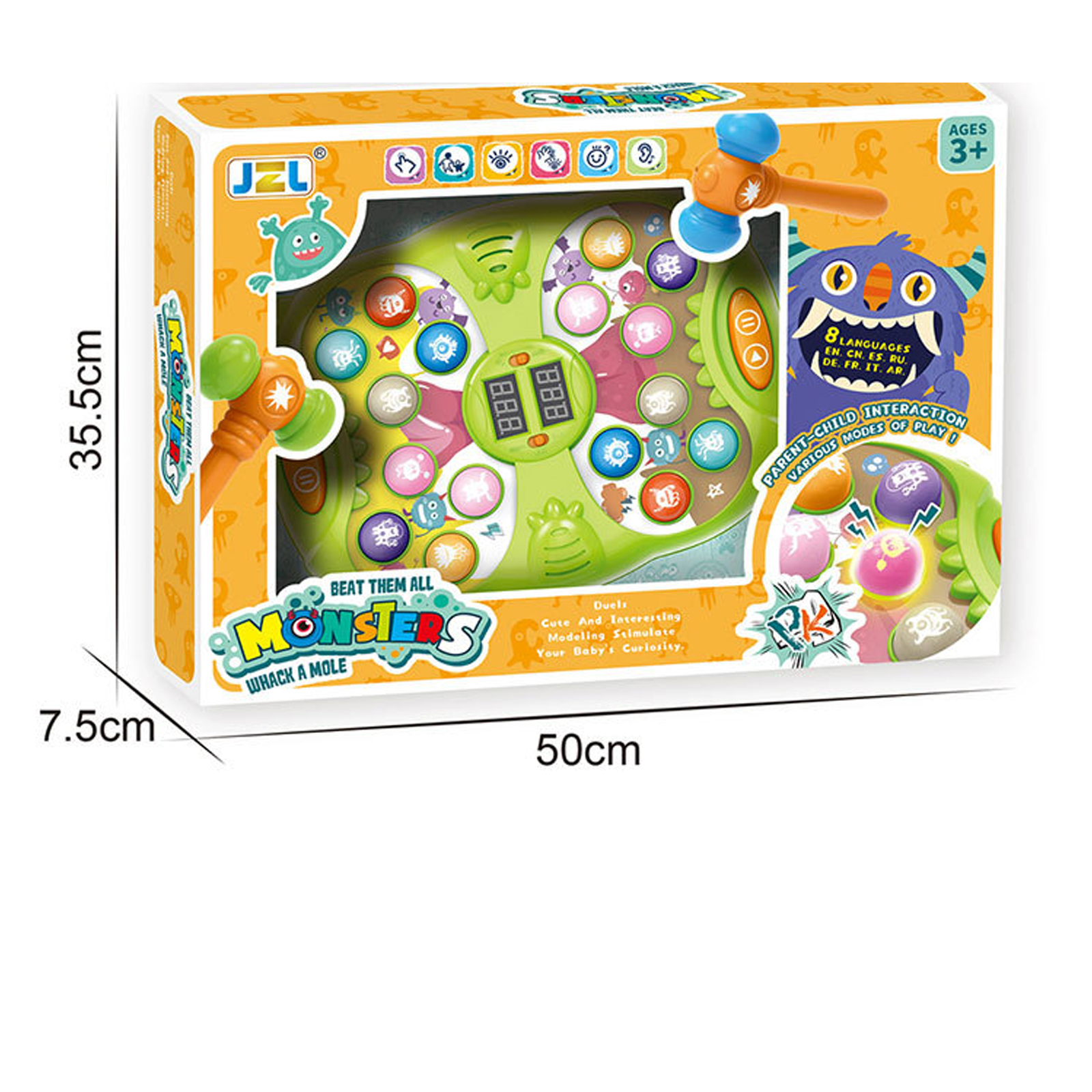 Caja de juguetes para niños con dimensiones. Juego de golpear topos con monstruos.