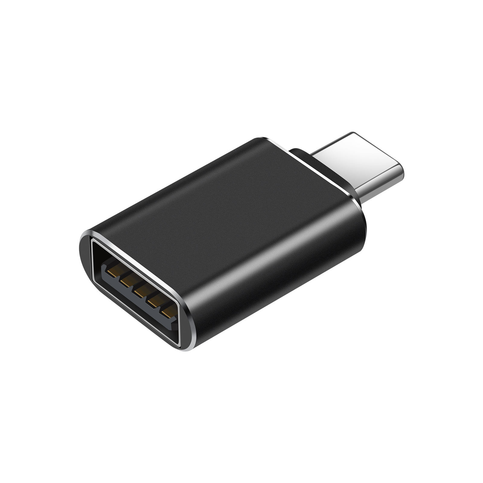 Ein schwarzer USB-C-auf-USB-A-Adapter. Er ist rechteckig mit einem silbernen USB-C-Anschluss.