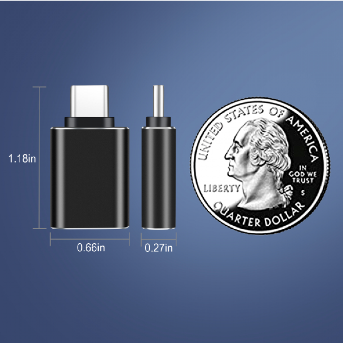 Schwarzer Adapter mit Messungen neben einem Vierteldollar. Der Adapter hat USB-C auf Audio.