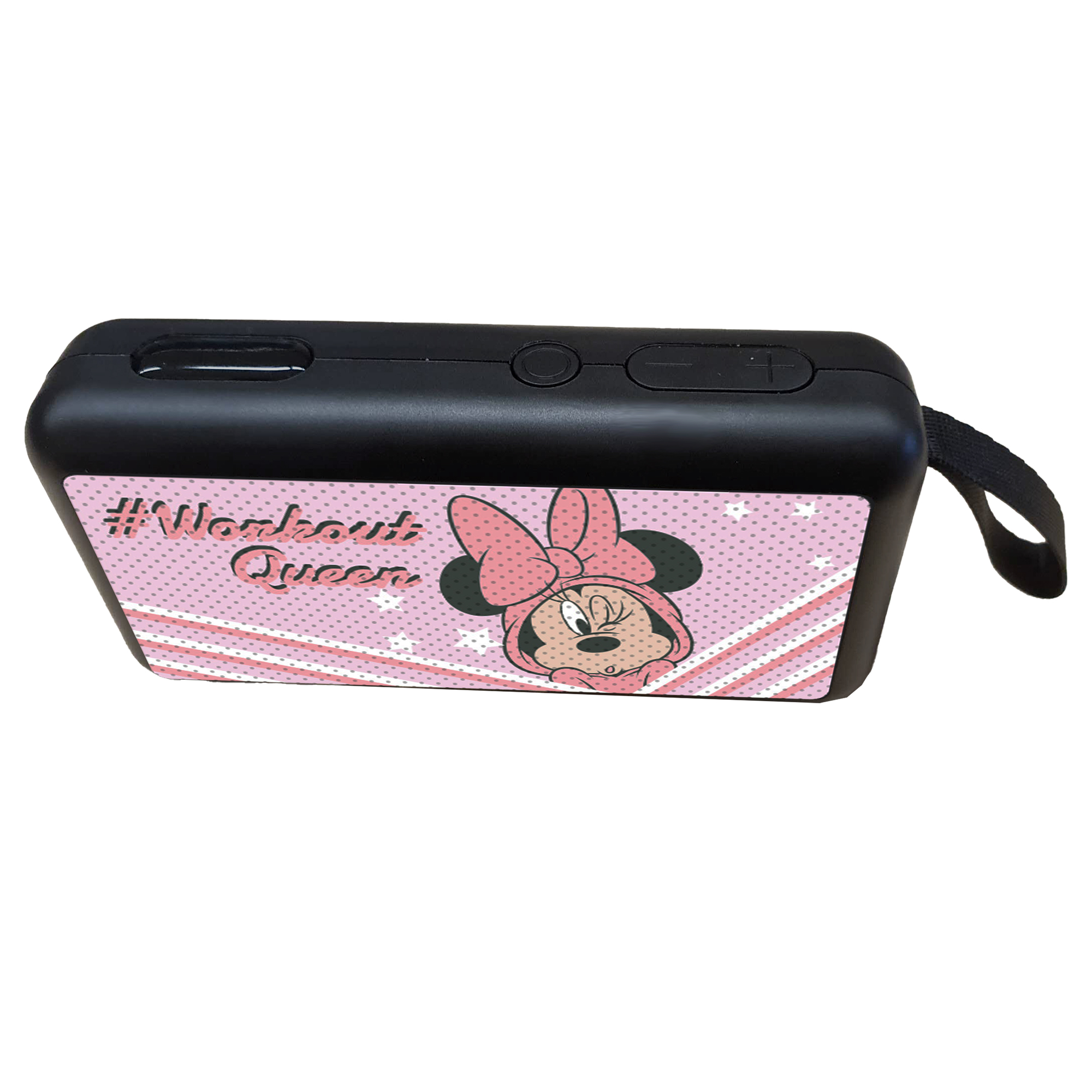 Altoparlante portatile nero con design Minnie Mouse e testo '#Workout Queen'.