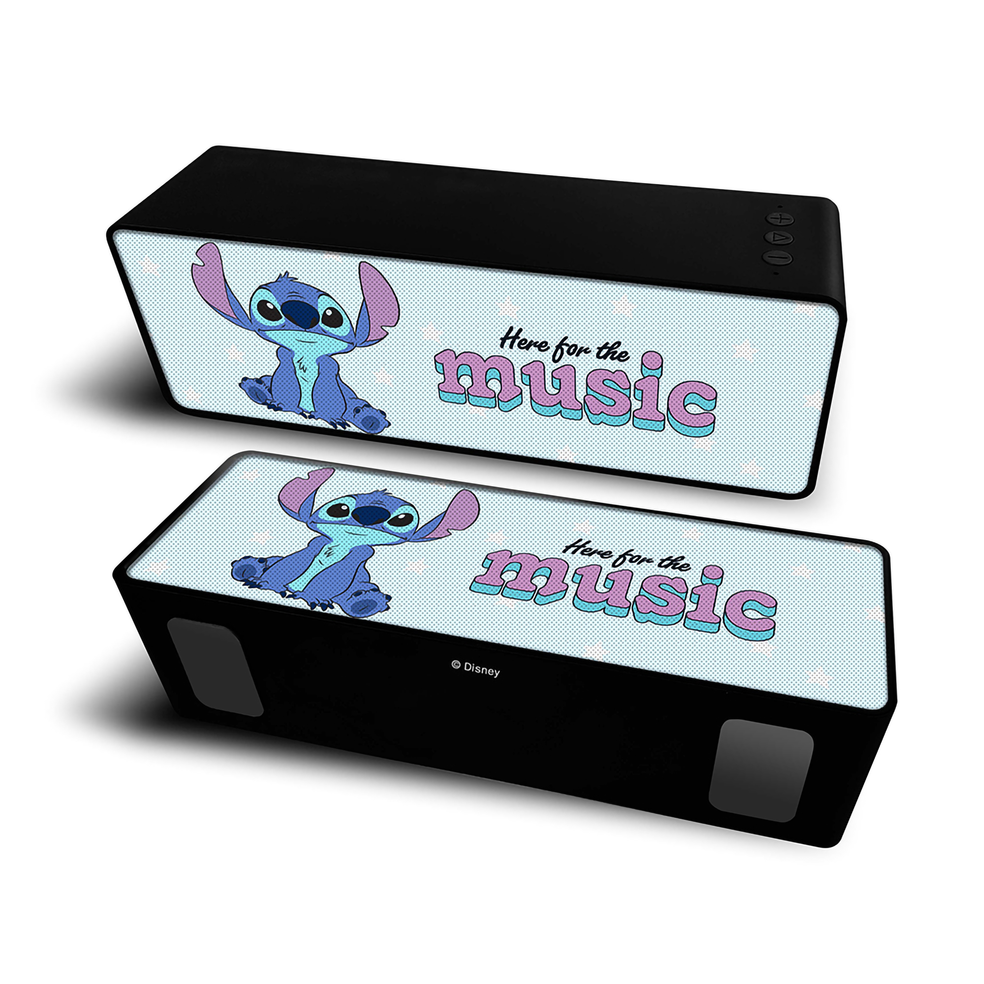 Due altoparlanti neri con sfondo blu con Stitch e le parole 'Here for the music'.