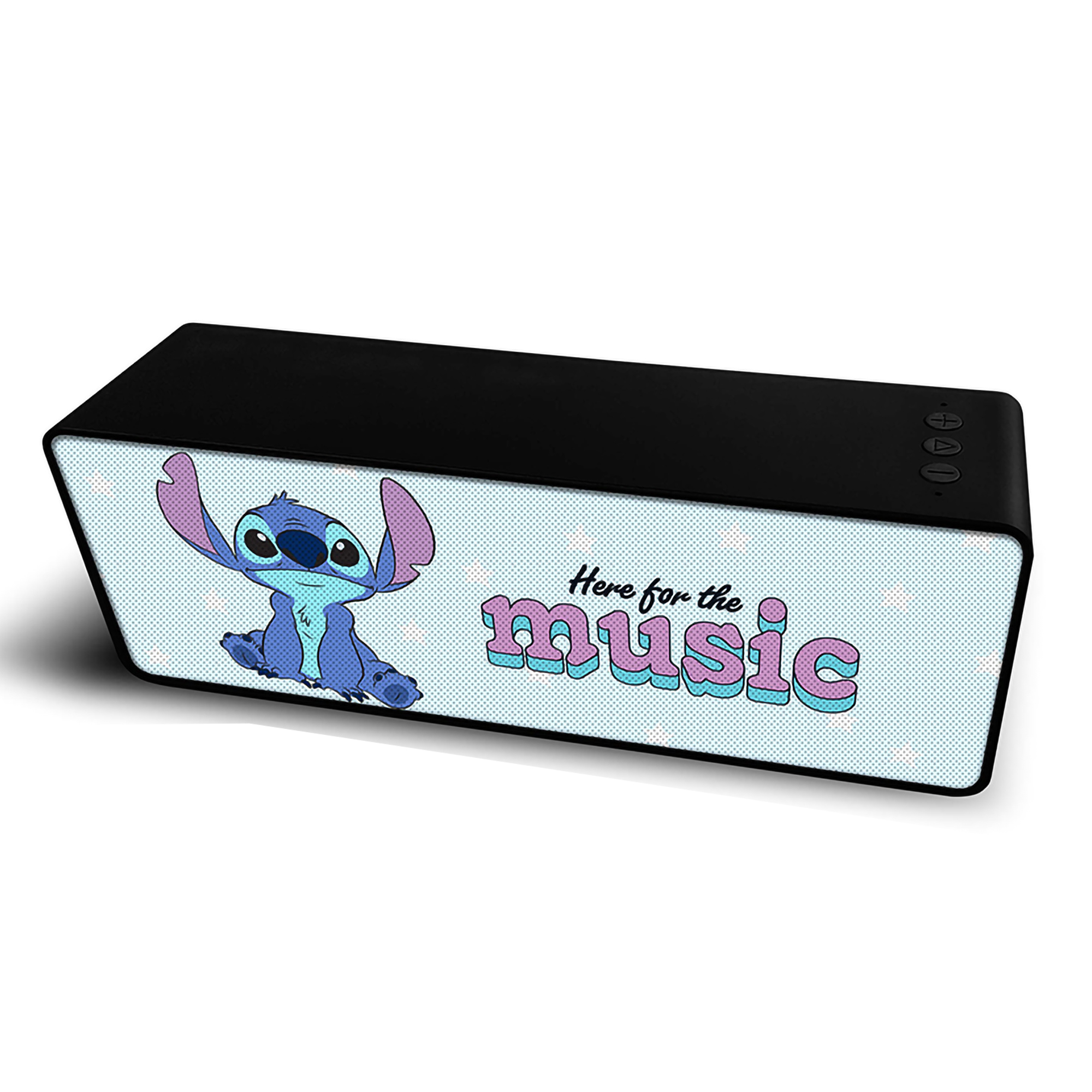 Altoparlante nero con immagine di Stitch e testo 'Here for the music'.
