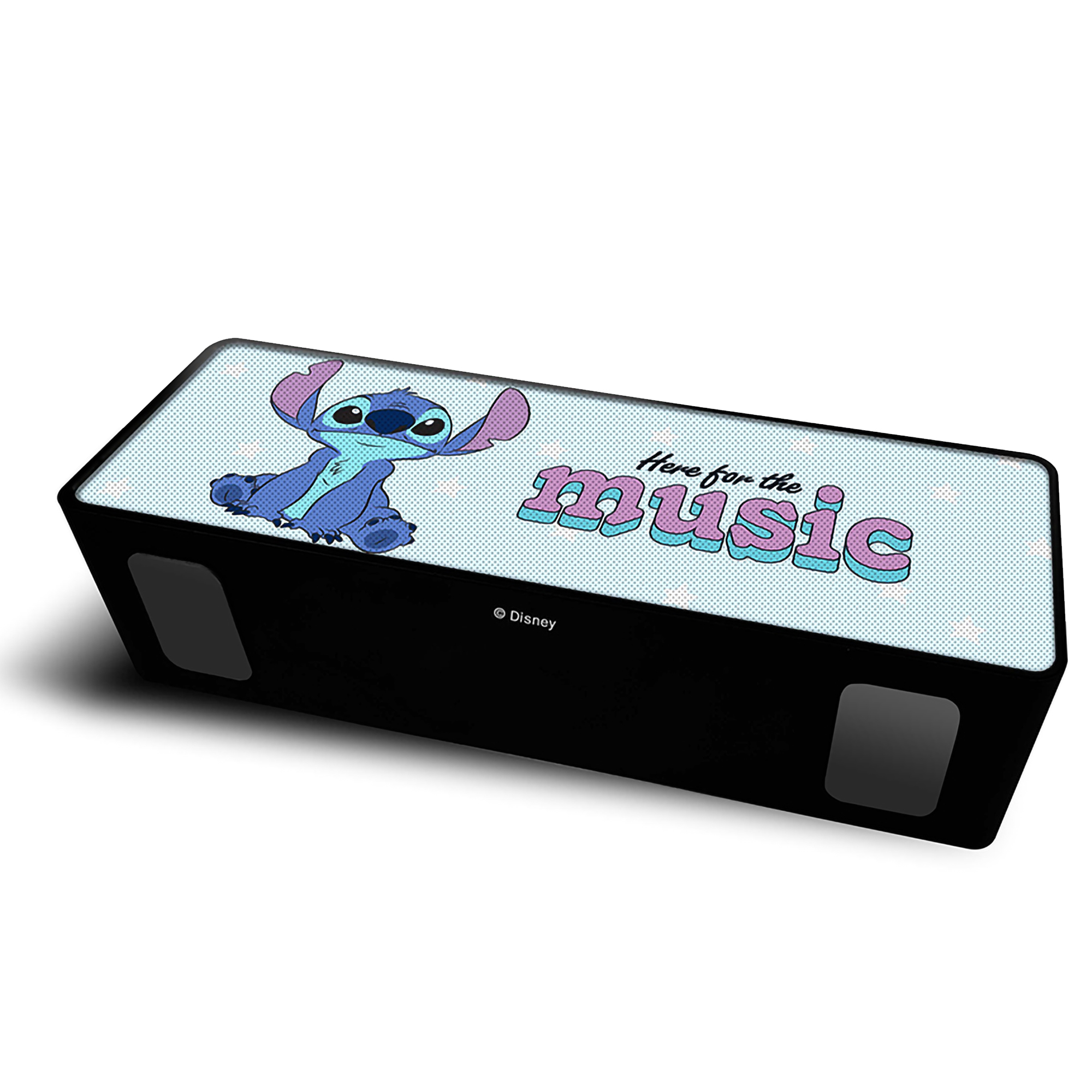 Un altoparlante nero con un design di Stitch e la frase "Here for the music".