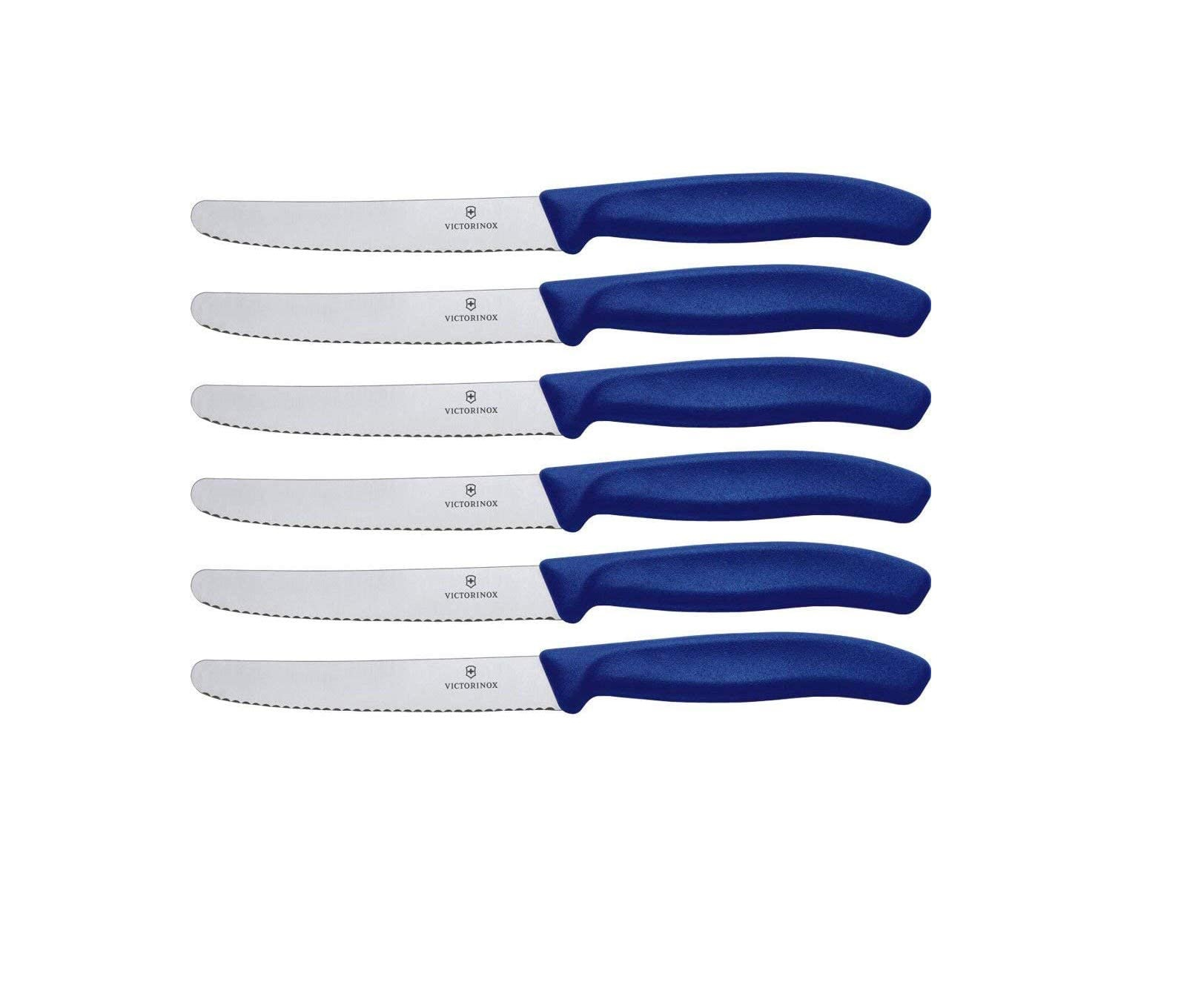 Sechs Messer mit blauen Griffen, angeordnet auf weißem Hintergrund.