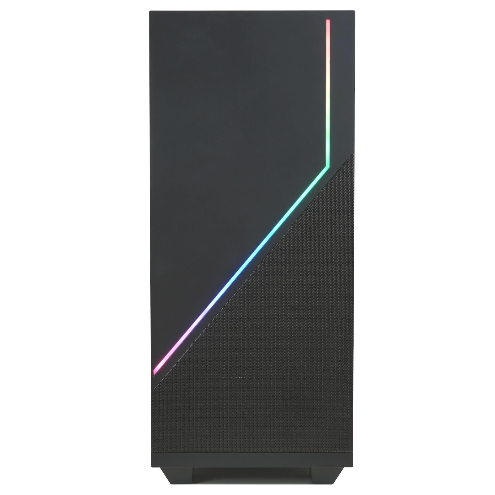 Schwarze Computergehäusefront. Schwarz mit RGB-Lichtleiste vorne und Mesh-Gitter.
