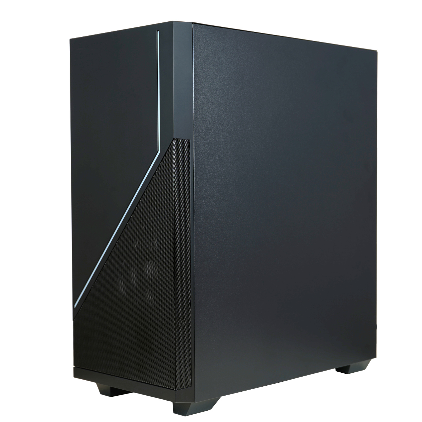 Schwarzes PC-Gehäuse mit Mesh-Seitenwand und weißem Akzent. Das Gehäuse steht auf weißem Hintergrund.