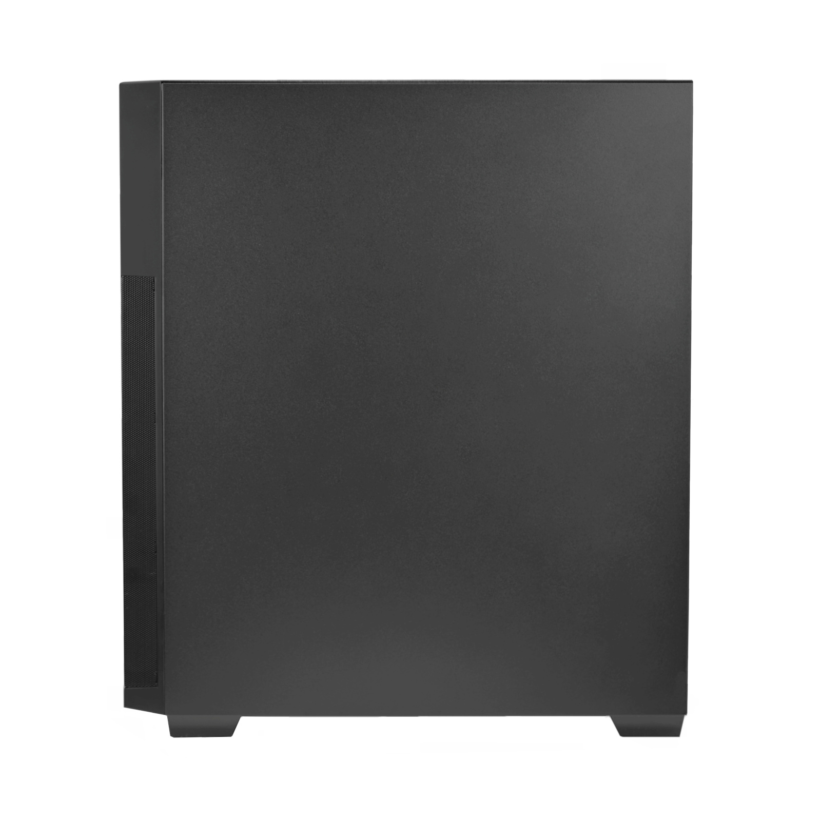 Schwarzes Computergehäuse. Das Gehäuse ist rechteckig und hat eine Mesh-Seitenwand.