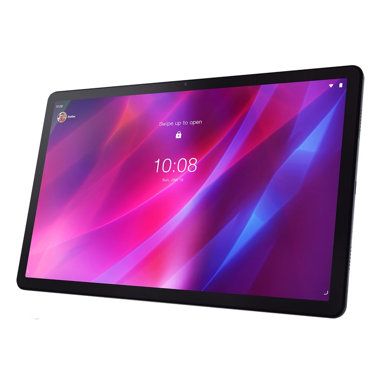 Schwarzes Tablet mit lebendigem Bildschirm, der einen Sperrbildschirm mit Zeit und Datum anzeigt.