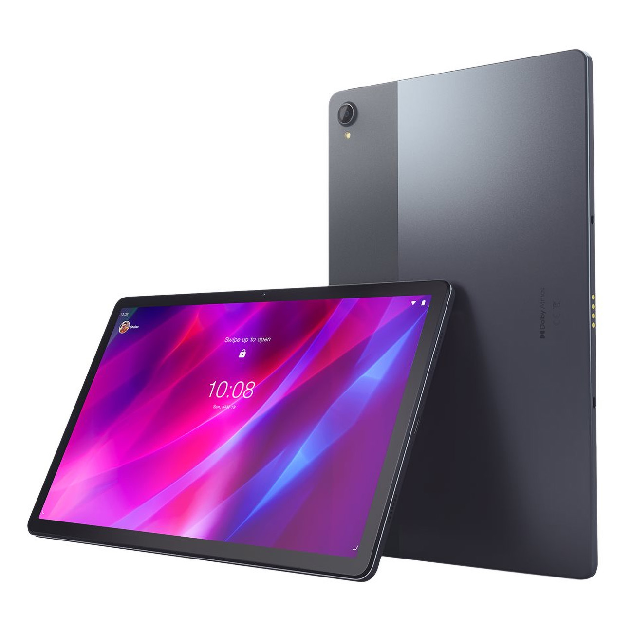 Tablet auf Weiß. Zeigt den Bildschirm, lila-blaue Anzeige. Zweites Tablet im Hintergrund.