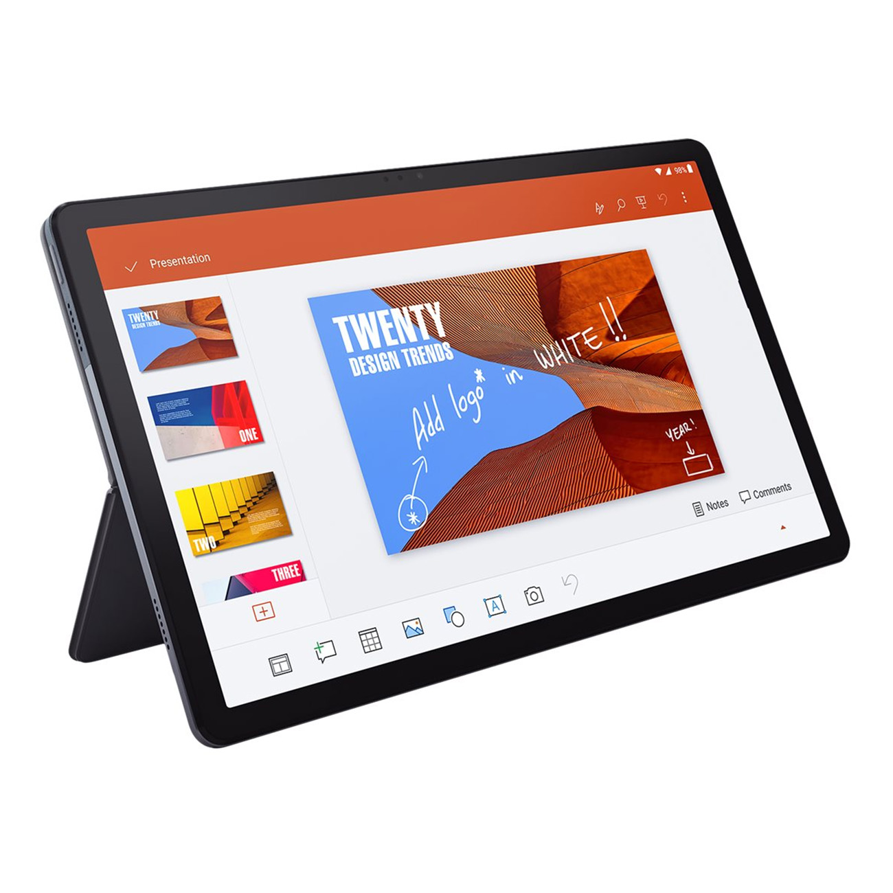 Tablet auf Ständer, Präsentation anzeigend. Folien zeigen Designtrends. Schwarzer Rahmen. Weißer Hintergrund.