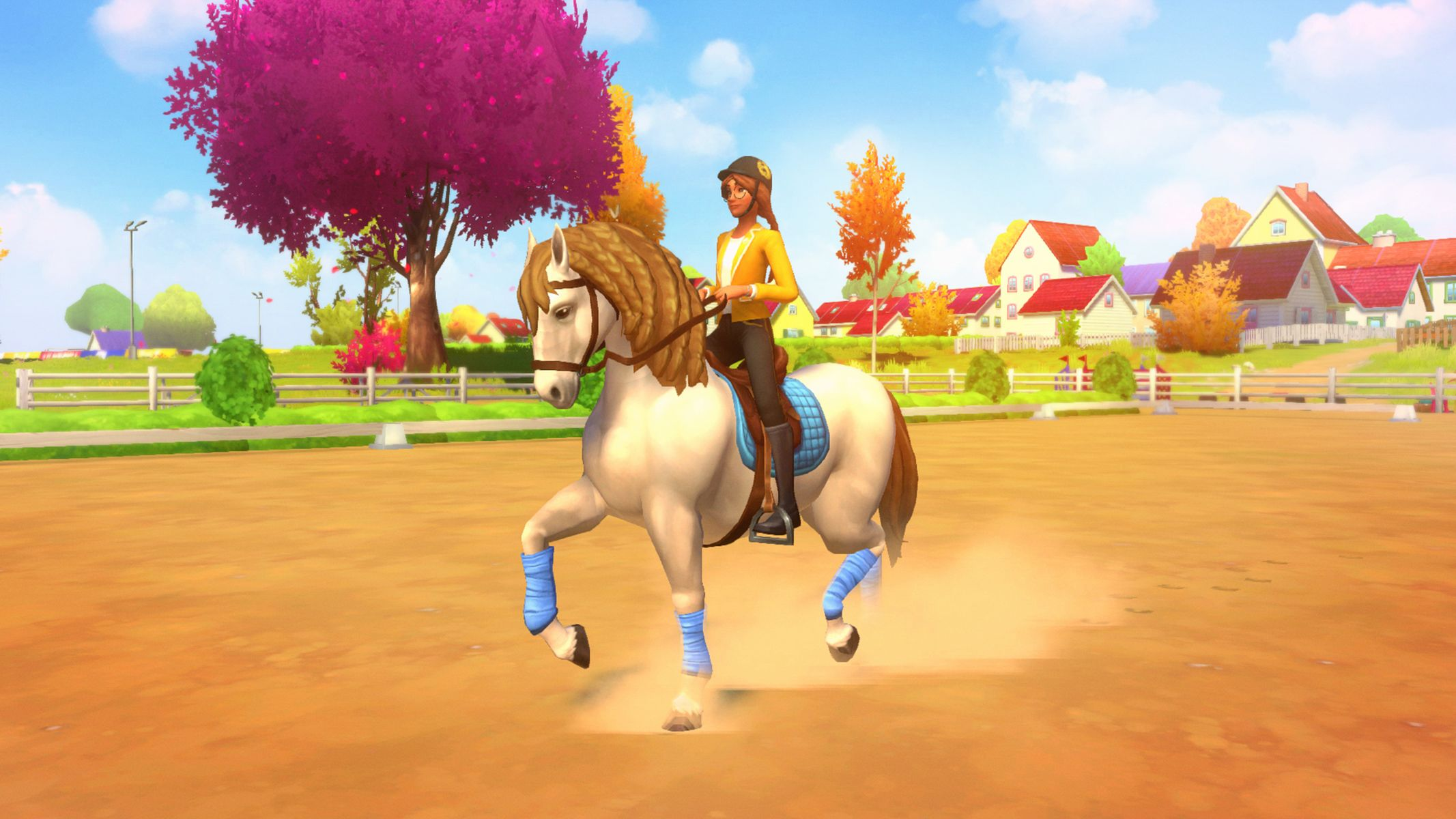 Una donna su un cavallo bianco, in un cerchio. La scena ha uno sfondo colorato.