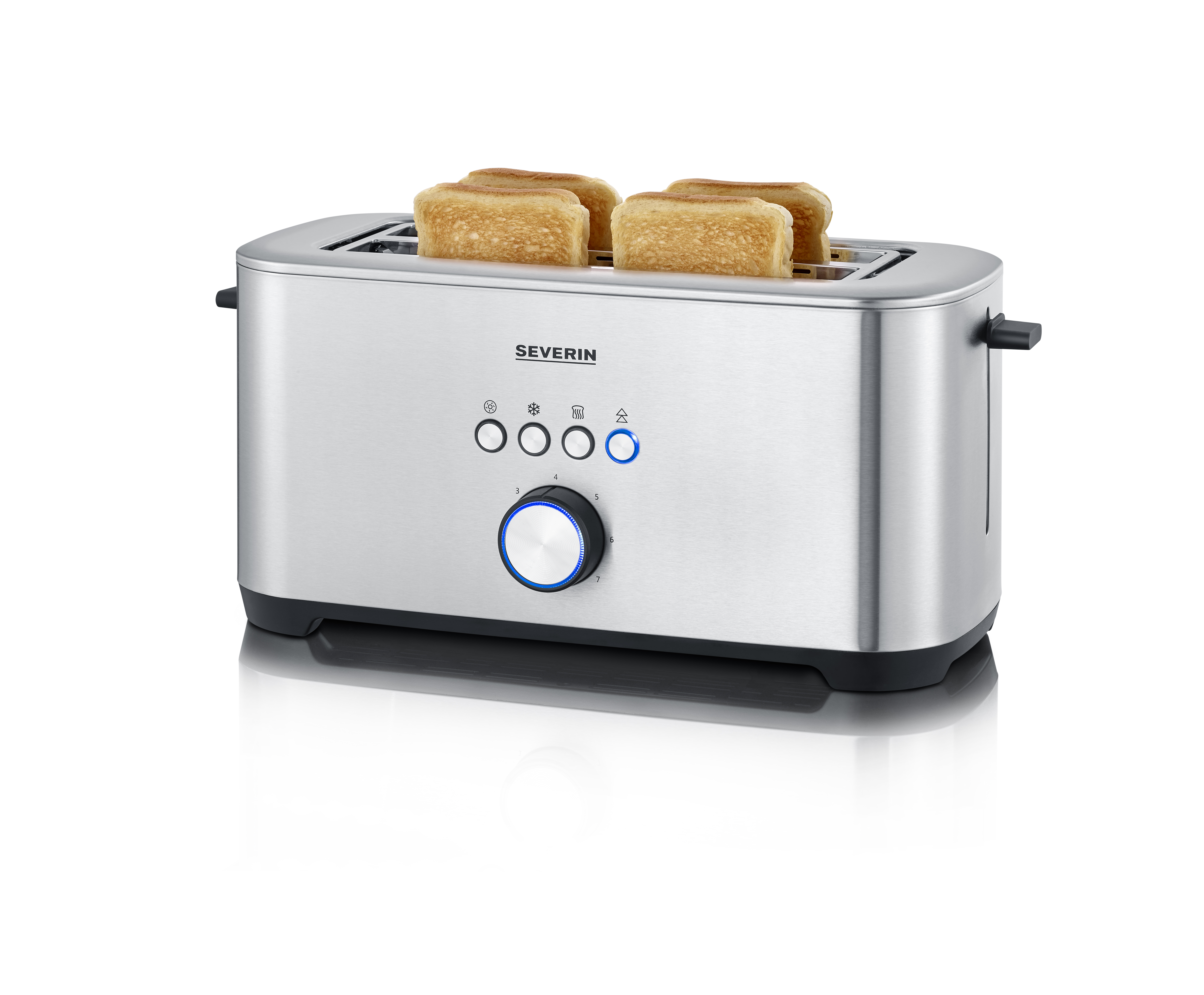 A silver toaster with four slices of toasted bread inside, simple controls.