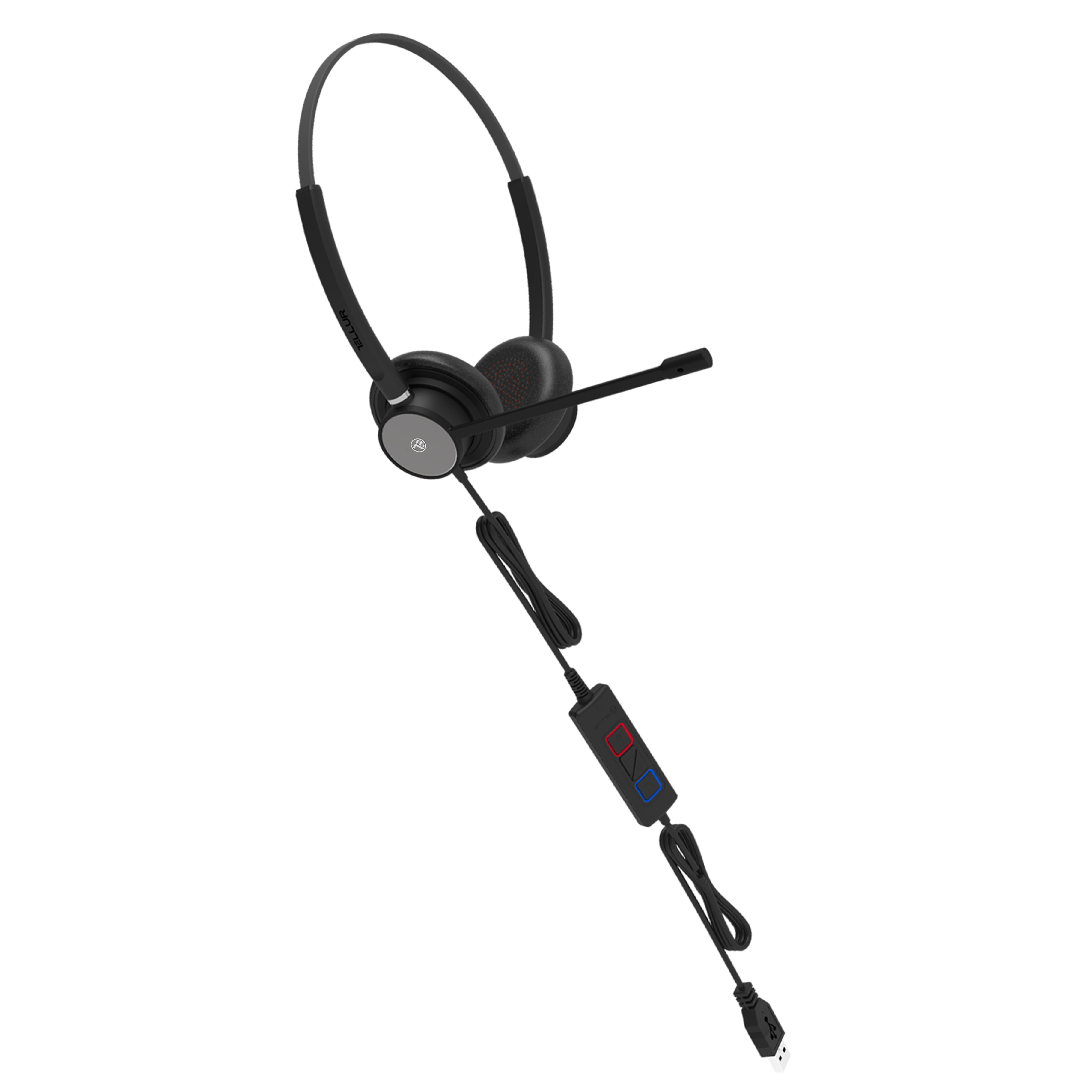 Czarny zestaw słuchawkowy z mikrofonem i kontrolkami na kablu. Białe tło. Złącze USB.