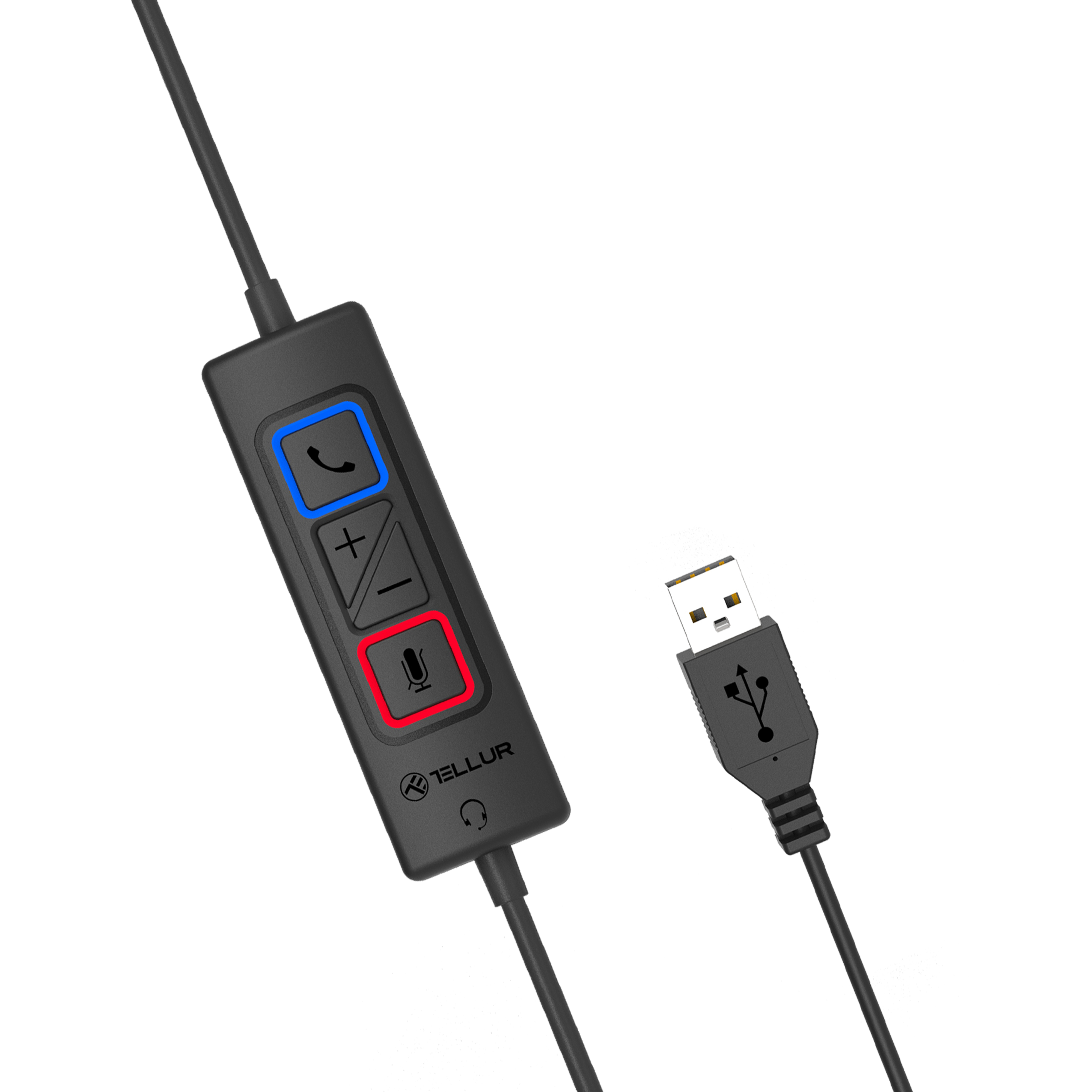 Czarny kabel USB z panelem sterowania. Panel ma przyciski do telefonu i głośności.