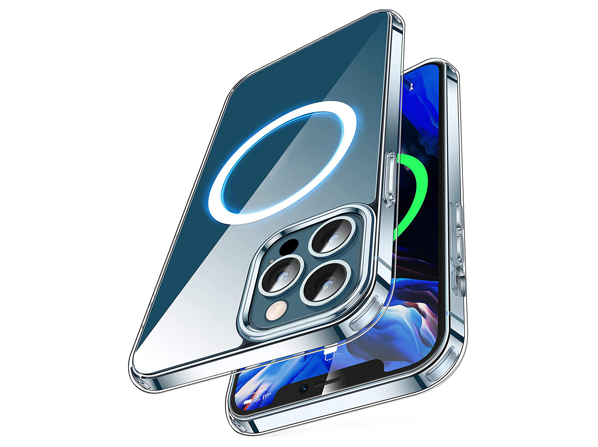Transparente Handyhülle mit silbernem Ring. Telefon ist sichtbar, mit blauem Hintergrund. Weißer Hintergrund.