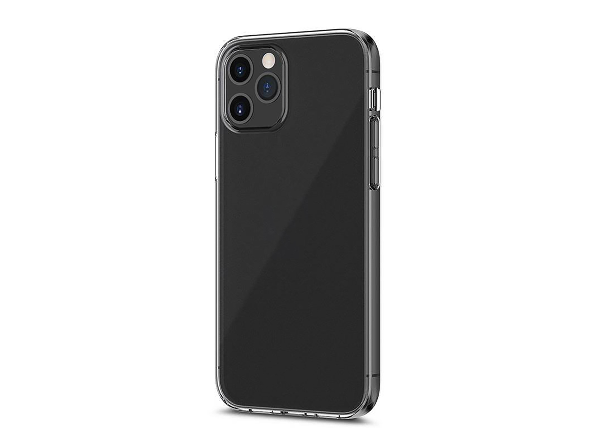 Ein schwarzes Telefon mit einer transparenten Schutzhülle auf weißem Hintergrund.