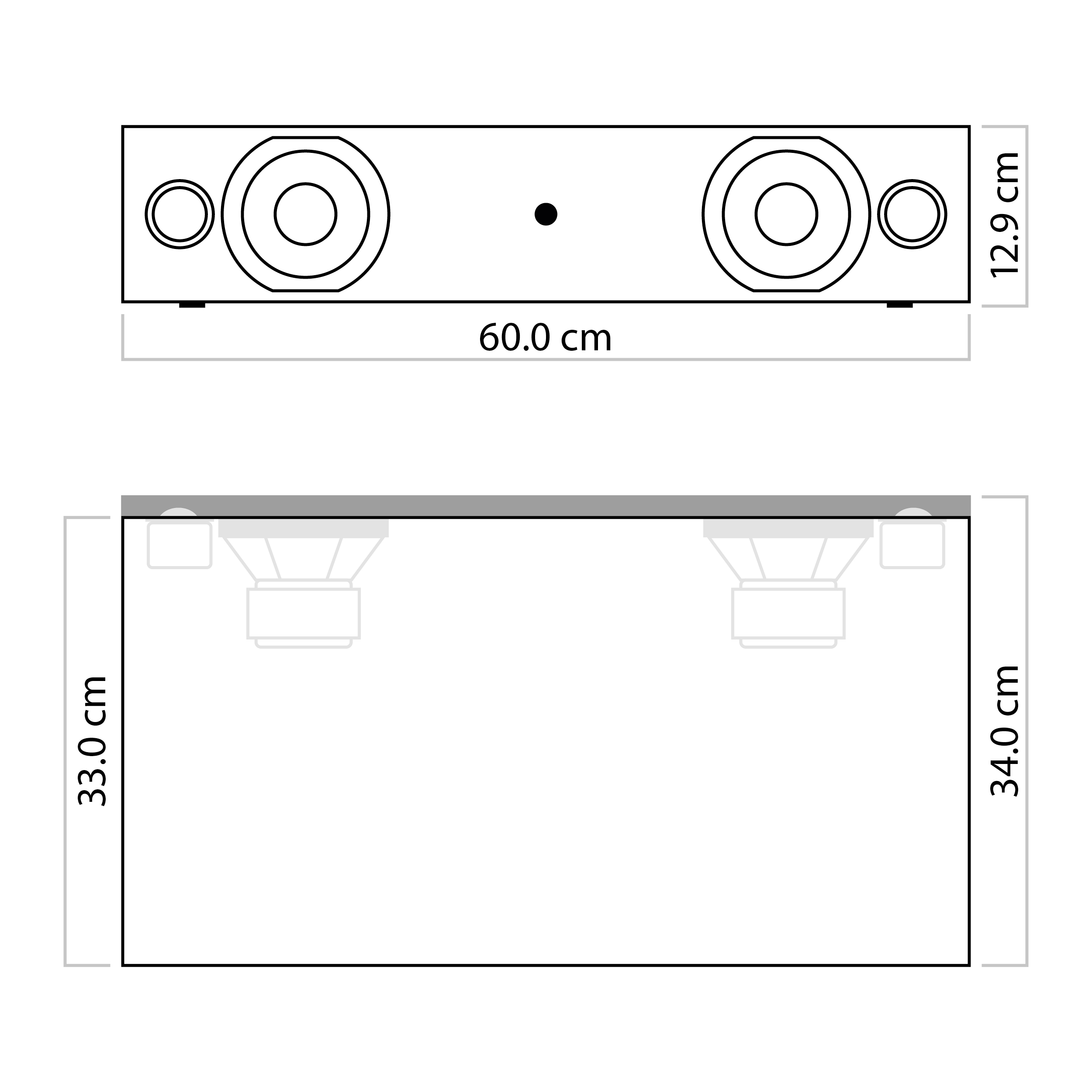 Schema einer Soundbar mit Abmessungen. Zwei Lautsprecher, 60 cm breit.