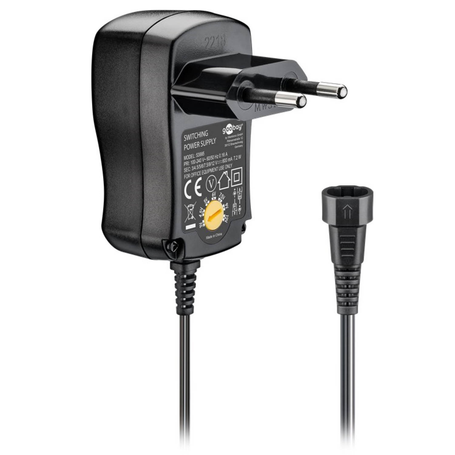 Ein schwarzes Netzteil mit Stiften und ein schwarzes Kabel mit einem Stecker.