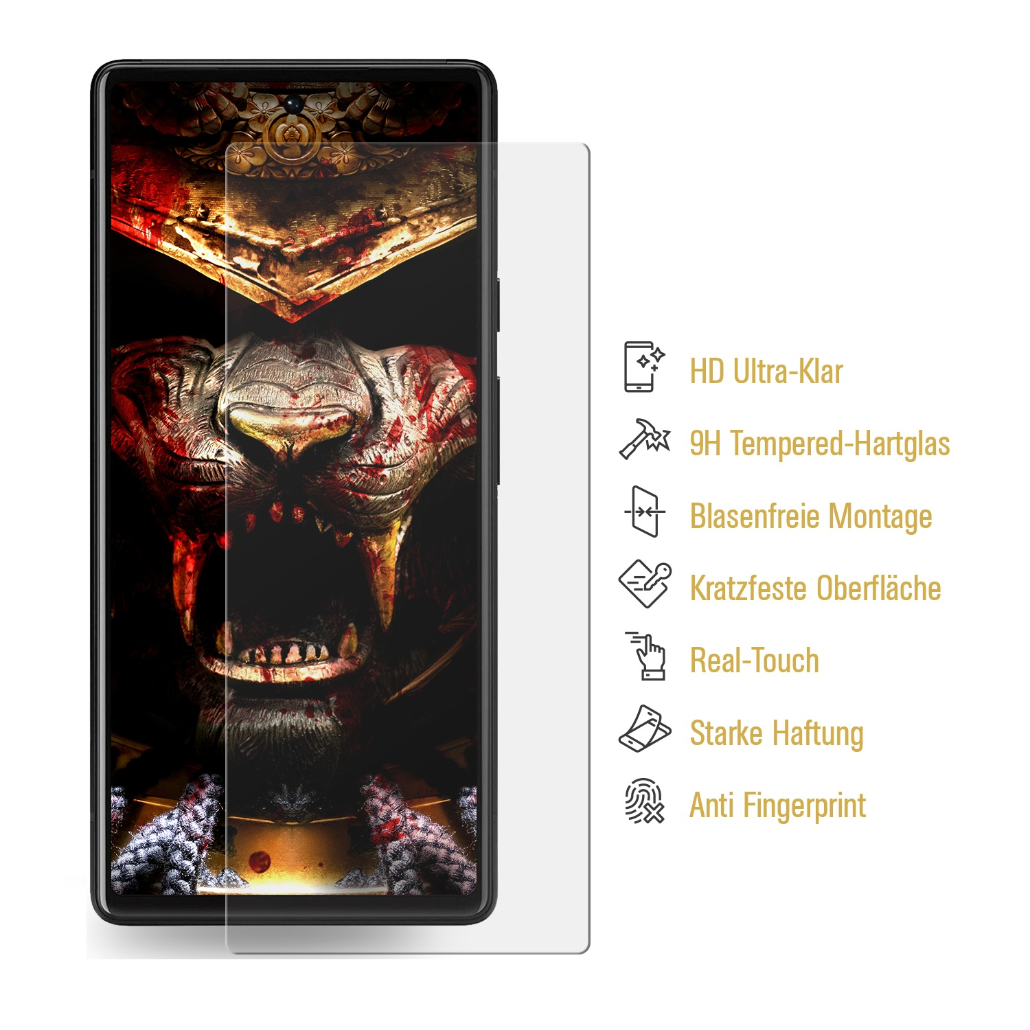 Telefonbildschirm mit Schutzfolie. Text auf dem Bildschirm. Weißer Hintergrund.