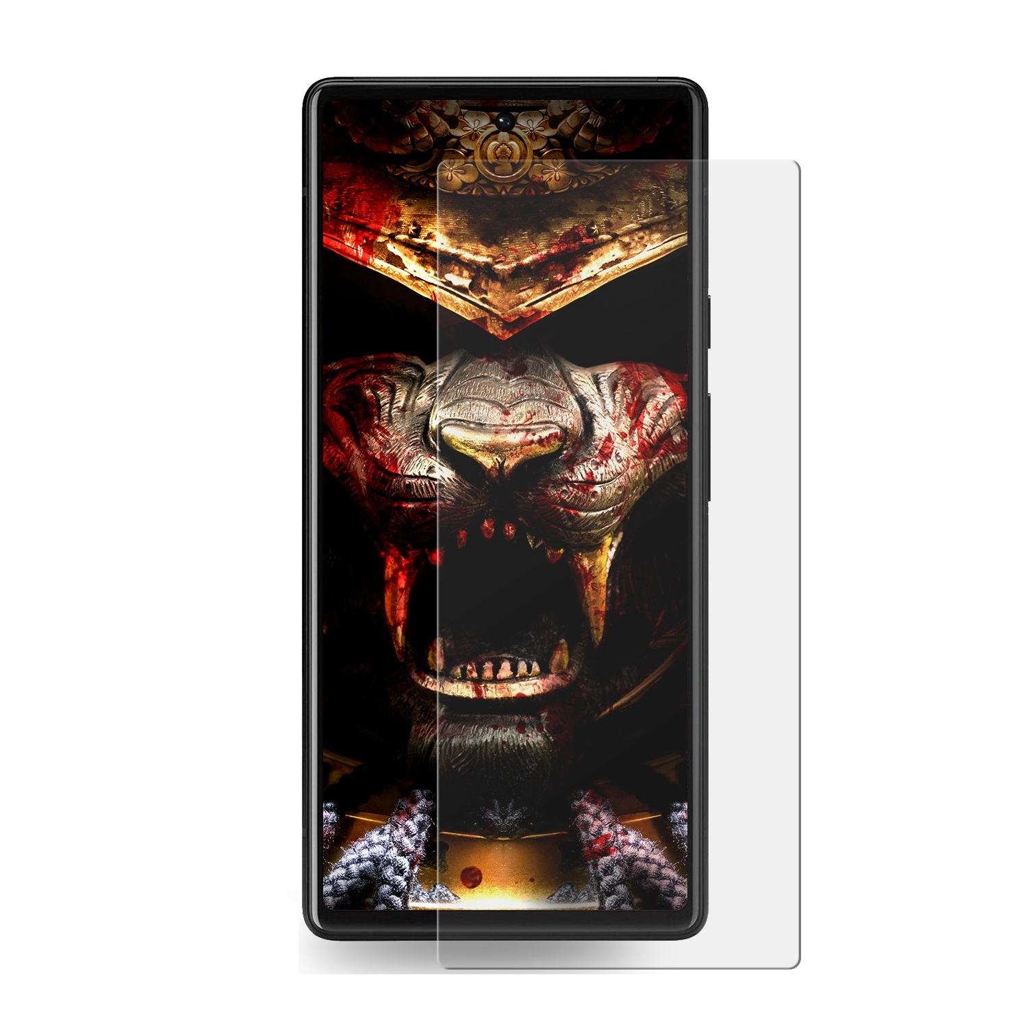 Smartphone-Bildschirm mit Schutzhülle. Das Telefon zeigt ein Monster mit Zähnen und rotem Blut.