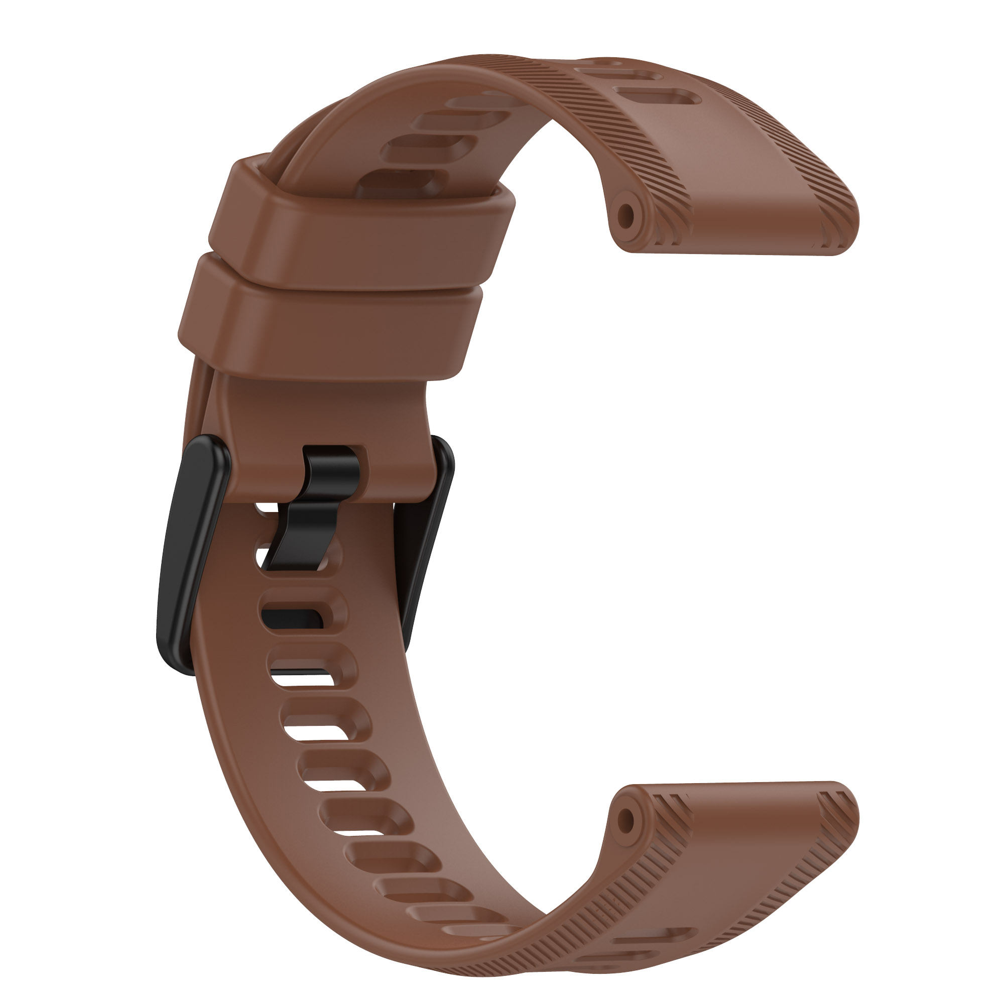 Braunes Uhrenarmband, geschwungenes Design. Schwarze Schnalle links, weißer Hintergrund.