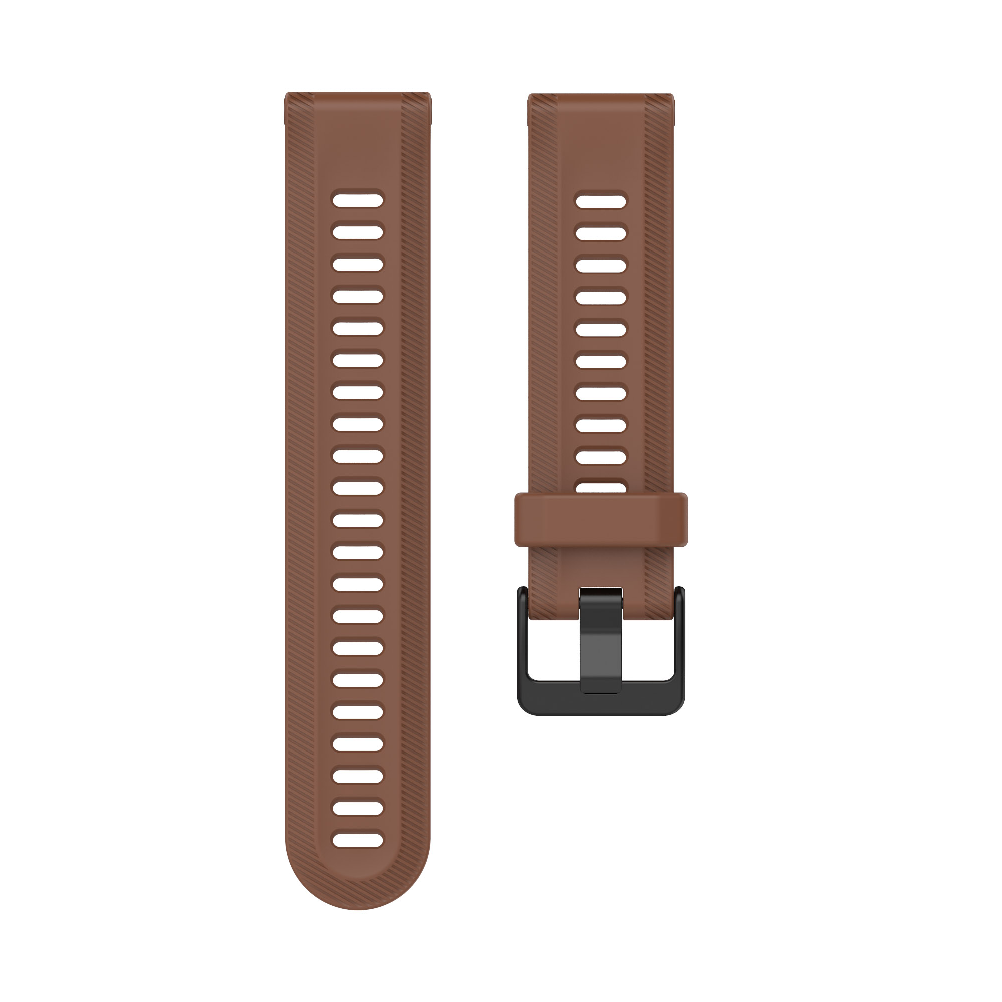 Zwei braune Uhrenarmbänder mit weißem Hintergrund. Eines mit Schnalle und das andere mit Löchern.