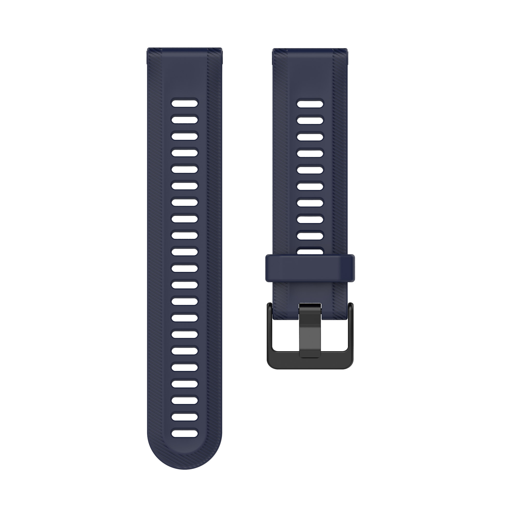 Zwei marineblaue Uhrenarmbänder. Eines hat Löcher, das andere hat eine Schnalle.