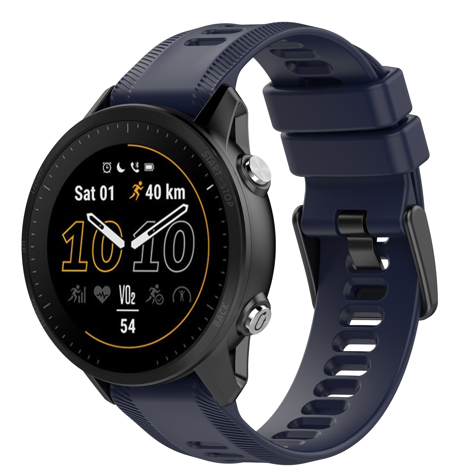 Eine Smartwatch mit blauem Armband und schwarzem Zifferblatt, das Zeit und Fitnessdaten anzeigt.