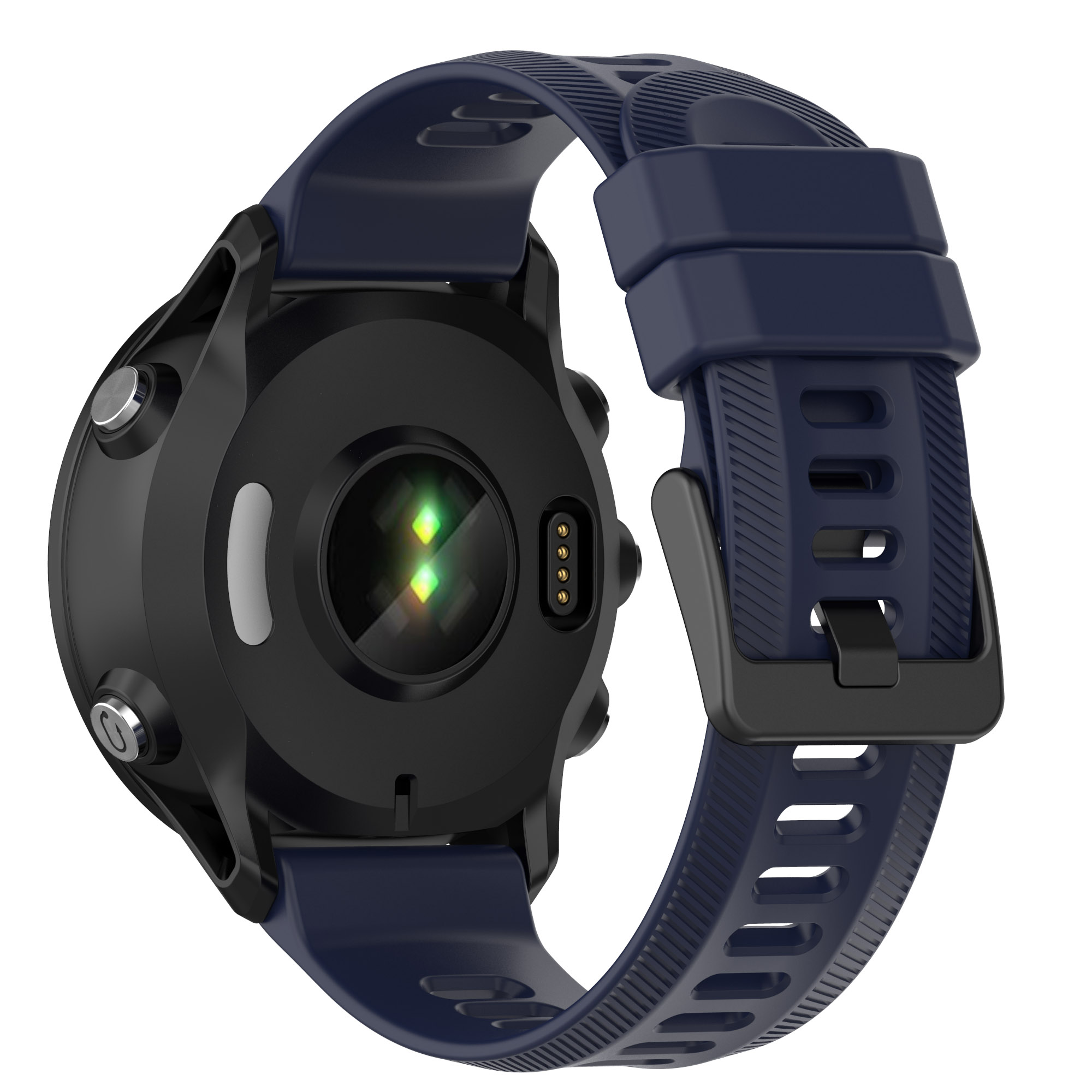 Schwarze Smartwatch mit blauem Armband. Die Rückseite der Uhr ist sichtbar, mit einem grünen Sensor.