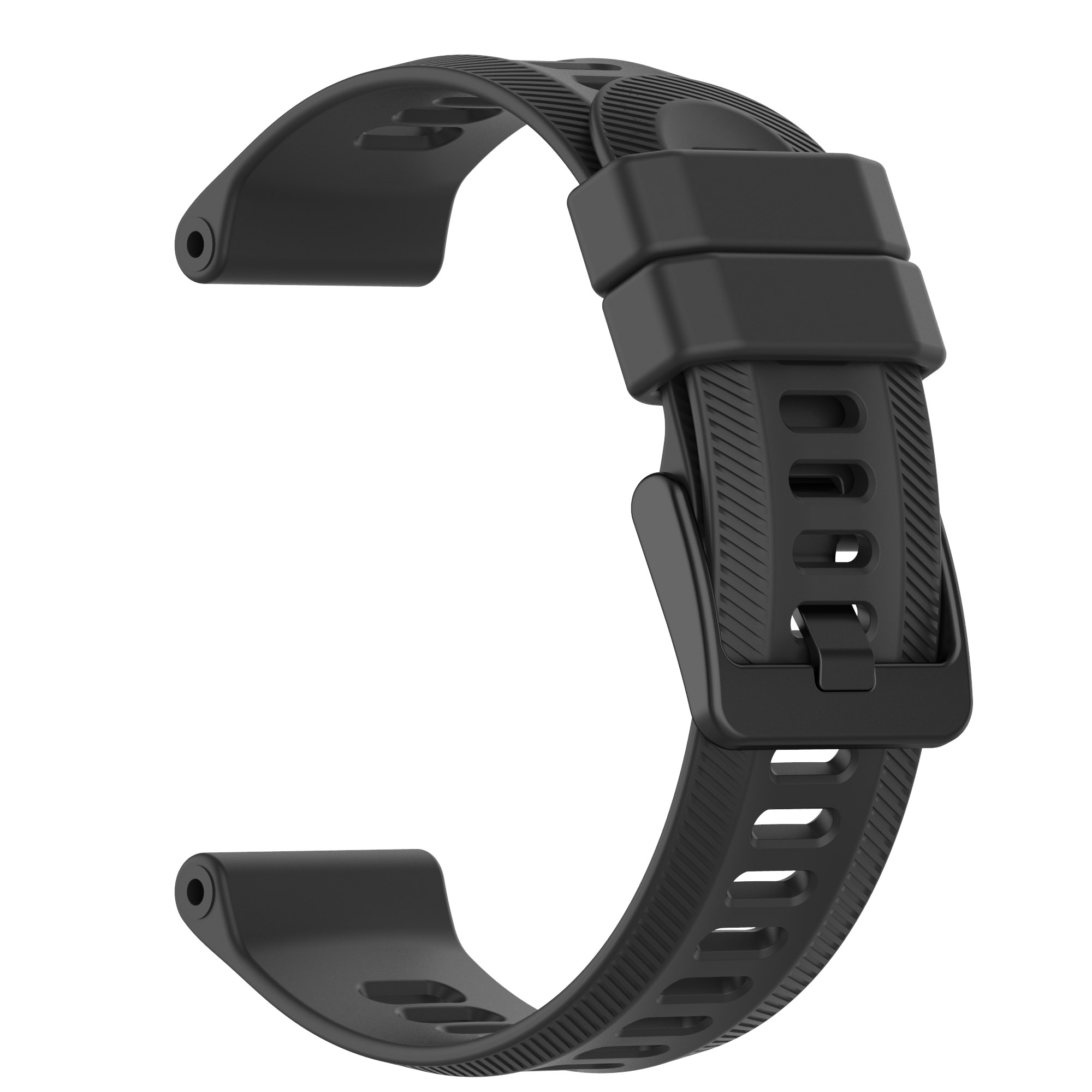 Schwarzes Uhrenarmband mit Schnalle. Das Band hat Rillen und ist schwarz.
