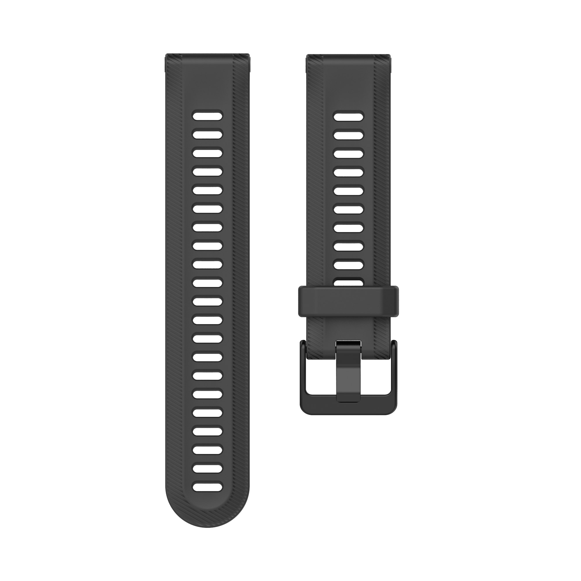 Schwarze Uhrenarmbänder. Zwei Bänder, eines mit Schnalle und Löchern, das andere mit Löchern.