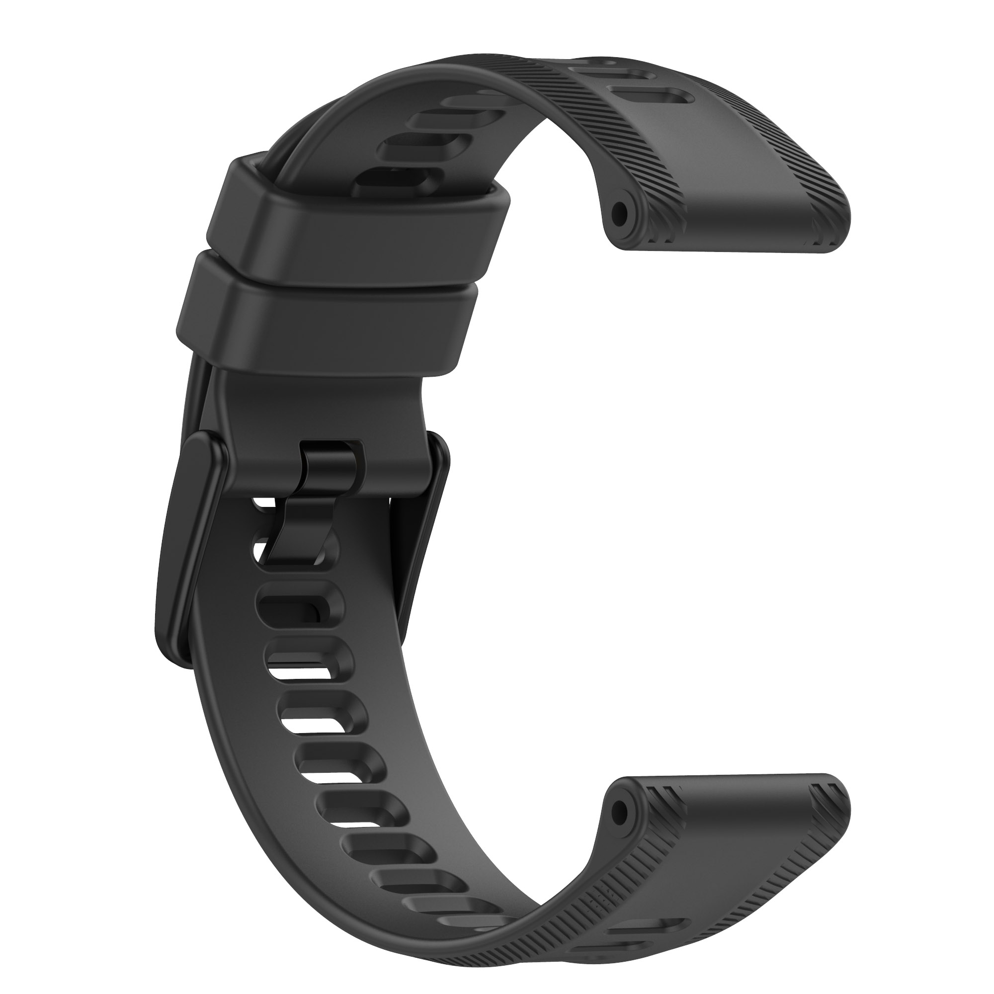 Schwarzes Armband. Der Riemen besteht aus Gummi und hat eine Schnalle und einen Stift.