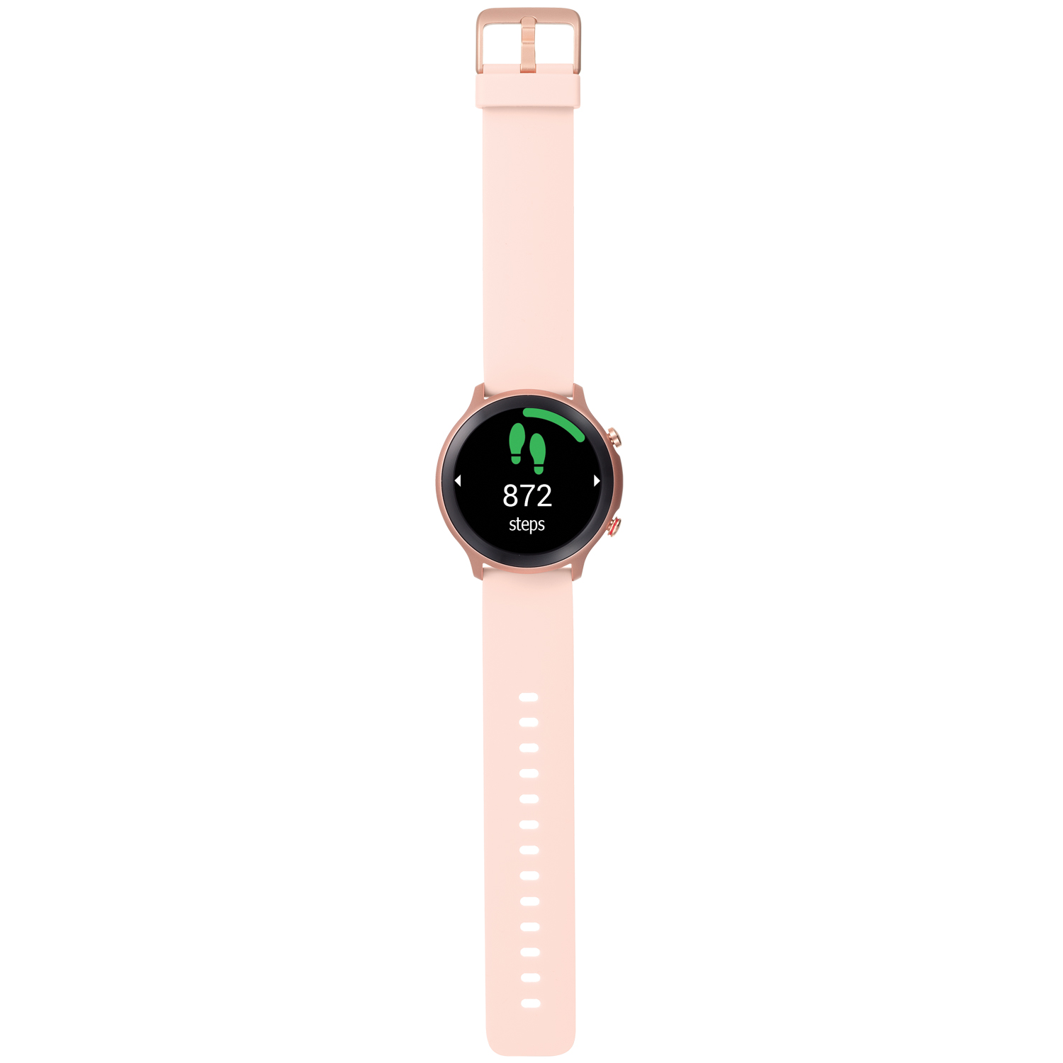 Smartwatch zeigt Schritte an. Die Uhr hat ein rosa Armband und ein roségoldenes Gehäuse. Grünes Schrittsymbol.
