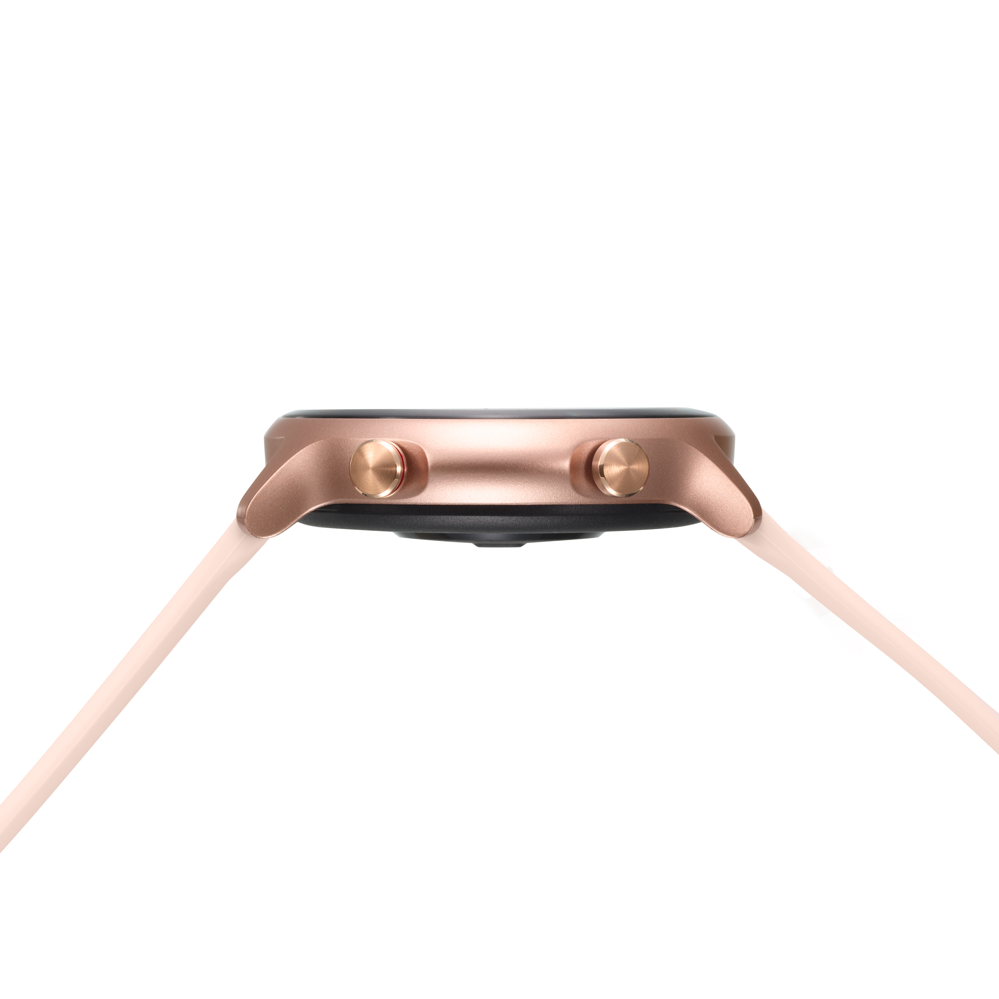 Roségoldene Smartwatch-Seitenansicht mit Knöpfen und Armband.